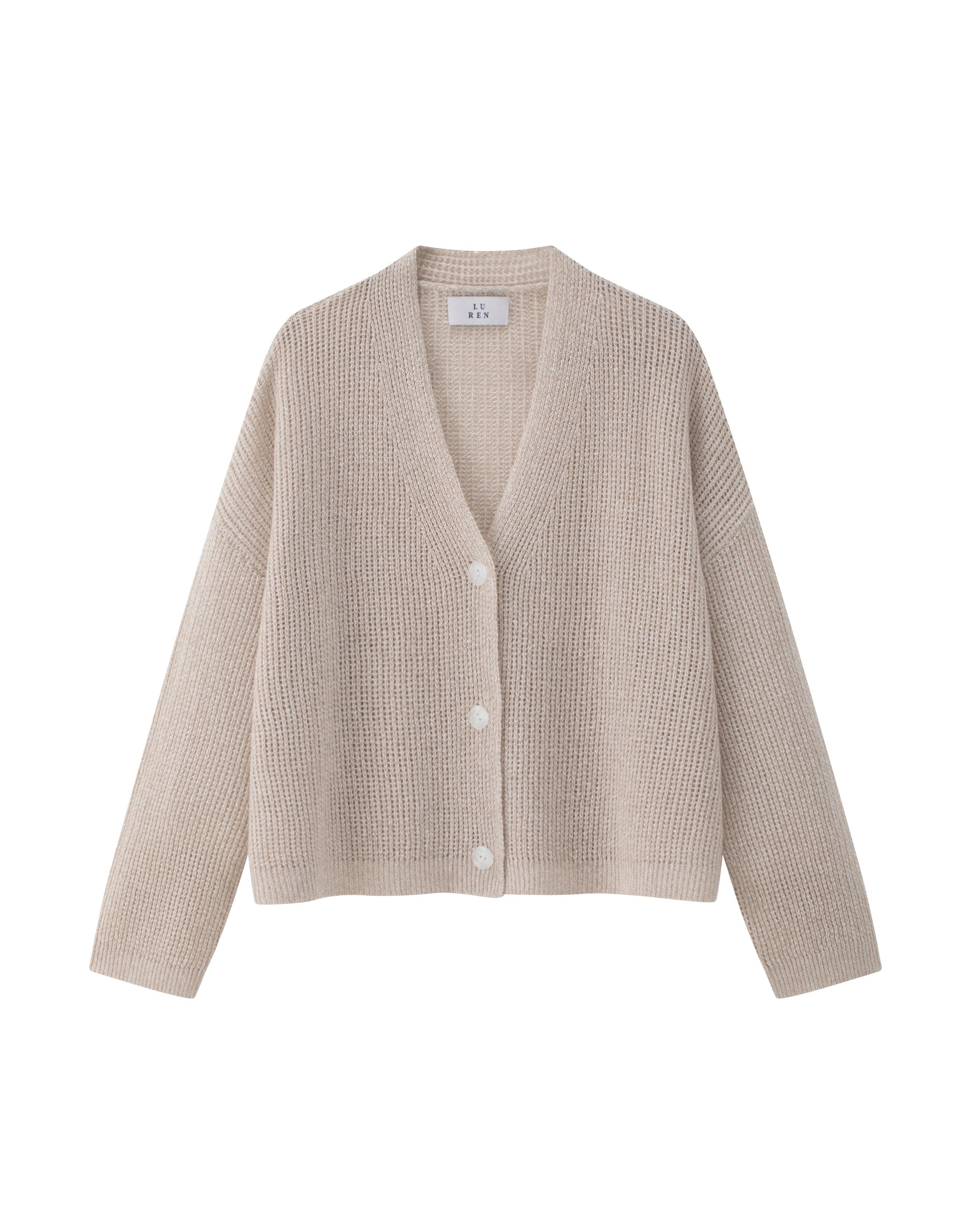 Damen Cardigan in barley (beige) aus Leinen-Kaschmir – mittelschwerer Strick mit transparentem Lochmuster, oversized Form, großer Ausschnitt mit Kunststoffknöpfen, überschnittene Schultern, lange relaxte Ärmel sowie Rippbündchen an Saum und Ärmeln