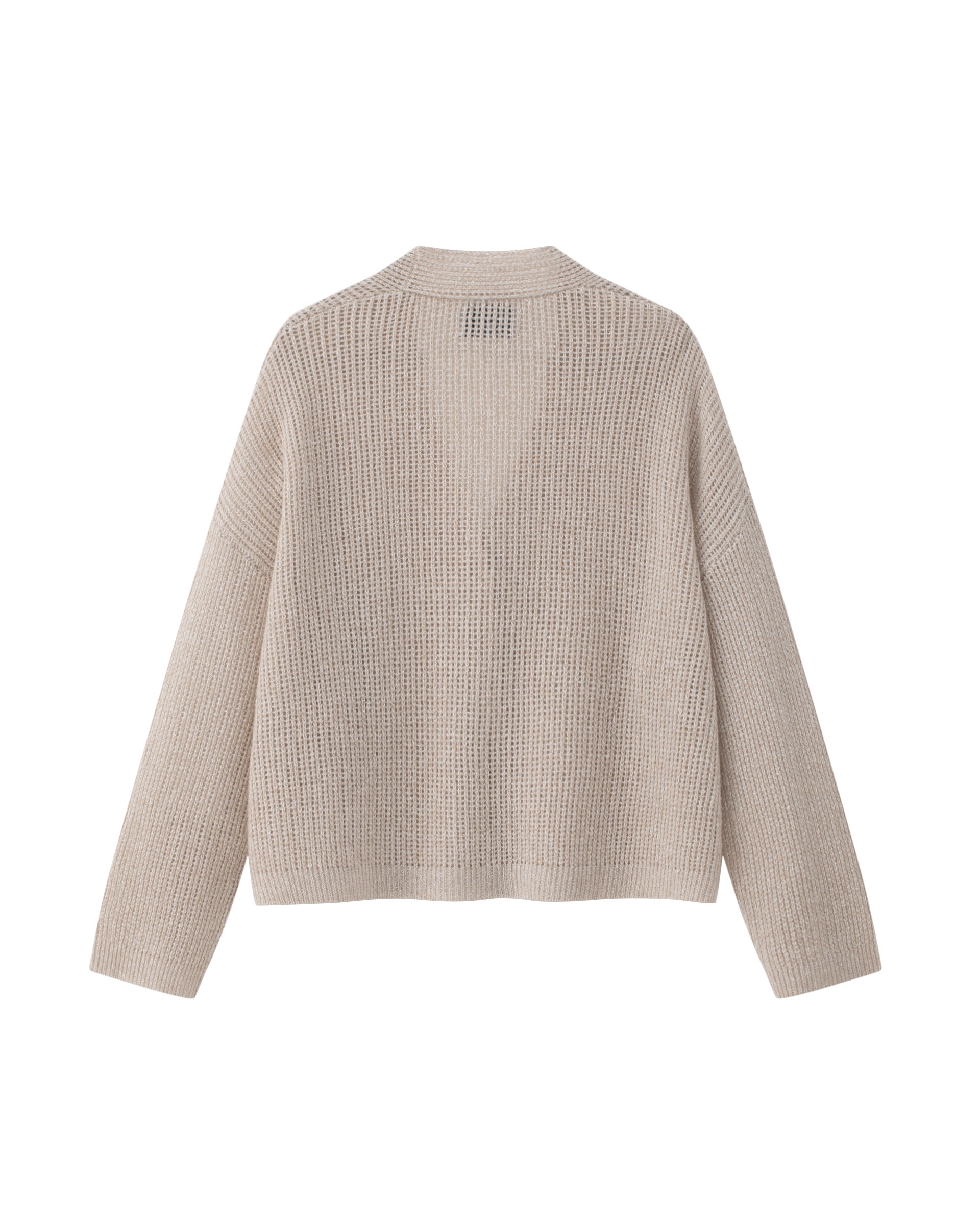 Damen Cardigan in barley (beige) aus Leinen-Kaschmir – mittelschwerer Strick mit transparentem Lochmuster, oversized Form, großer Ausschnitt mit Kunststoffknöpfen, überschnittene Schultern, lange relaxte Ärmel sowie Rippbündchen an Saum und Ärmeln