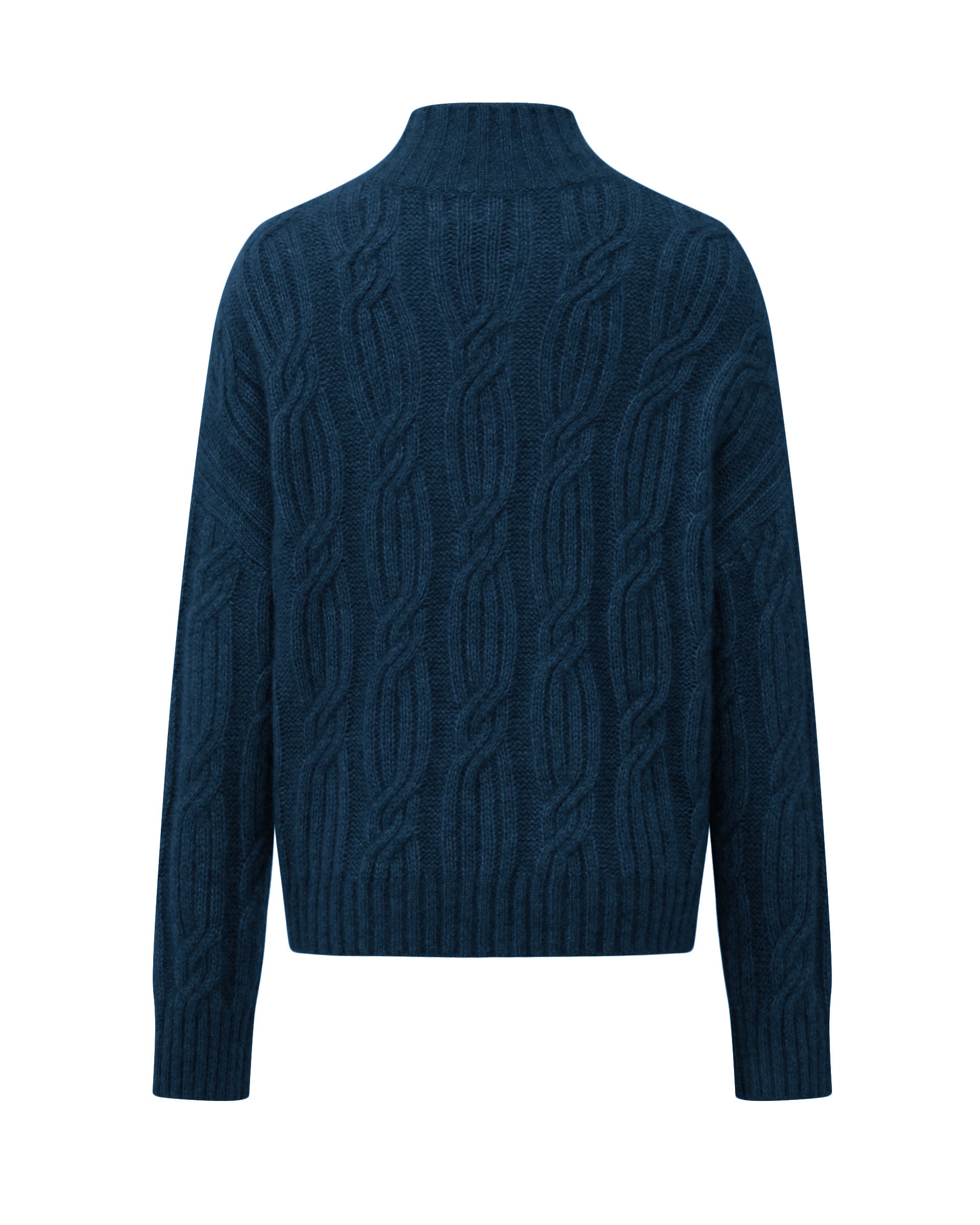 Damen Pullover aus 75 % Kaschmir und 25 % Seide in Midnight Teal – Pullover mit Zopfmuster in mittelschwerer Strickqualität und lockerer Passform, Rundhalsausschnitt mit hohem Stehkragen in Rippstruktur, überschnittener Schulterform sowie langen, relaxten Ärmeln. Ärmelbündchen und Saum sind in Rippstruktur gearbeitet und verleihen dem Modell einen markanten, zeitlosen Look.