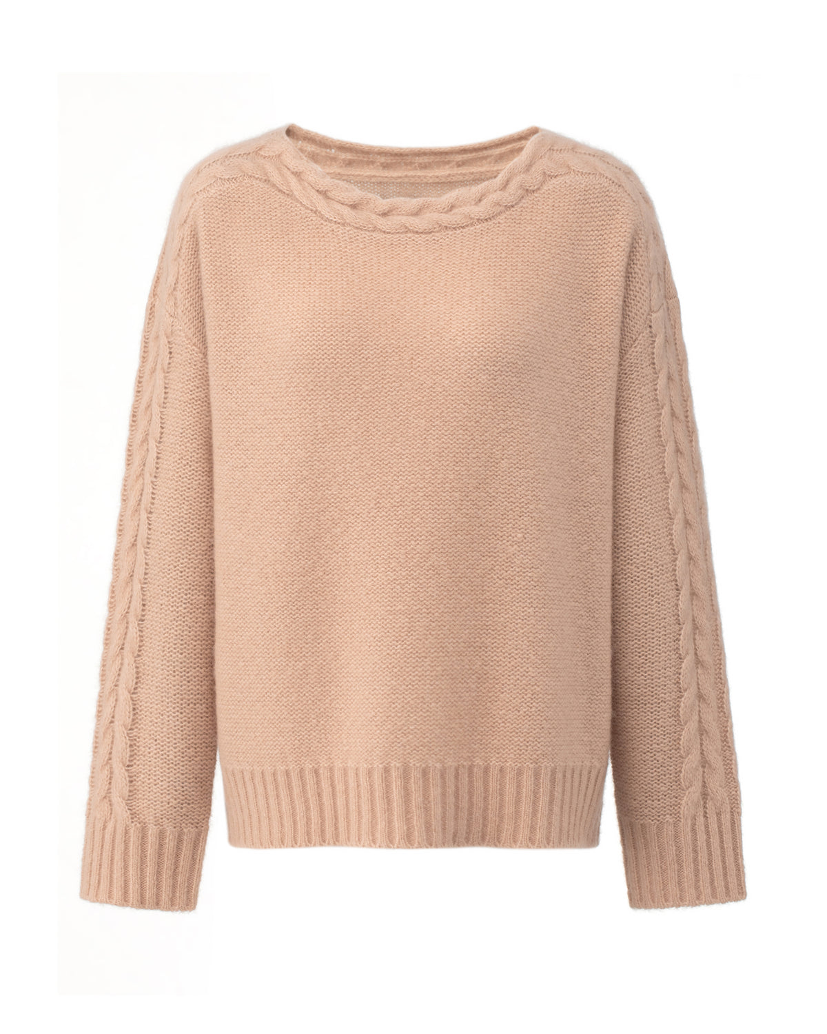 Damen Pullover aus 75% Kaschmir, 25% Seide in Rose Beige – Pullover mit Rundhalsausschnitt und breiter, strukturierter Strickblende, Zopfstrickmuster entlang der Ärmel und im Schulterbereich, glatt strukturiertem Rumpfbereich sowie breitem Saumabschluss und langen, geraden Ärmeln mit Bündchen in Rippstrick.