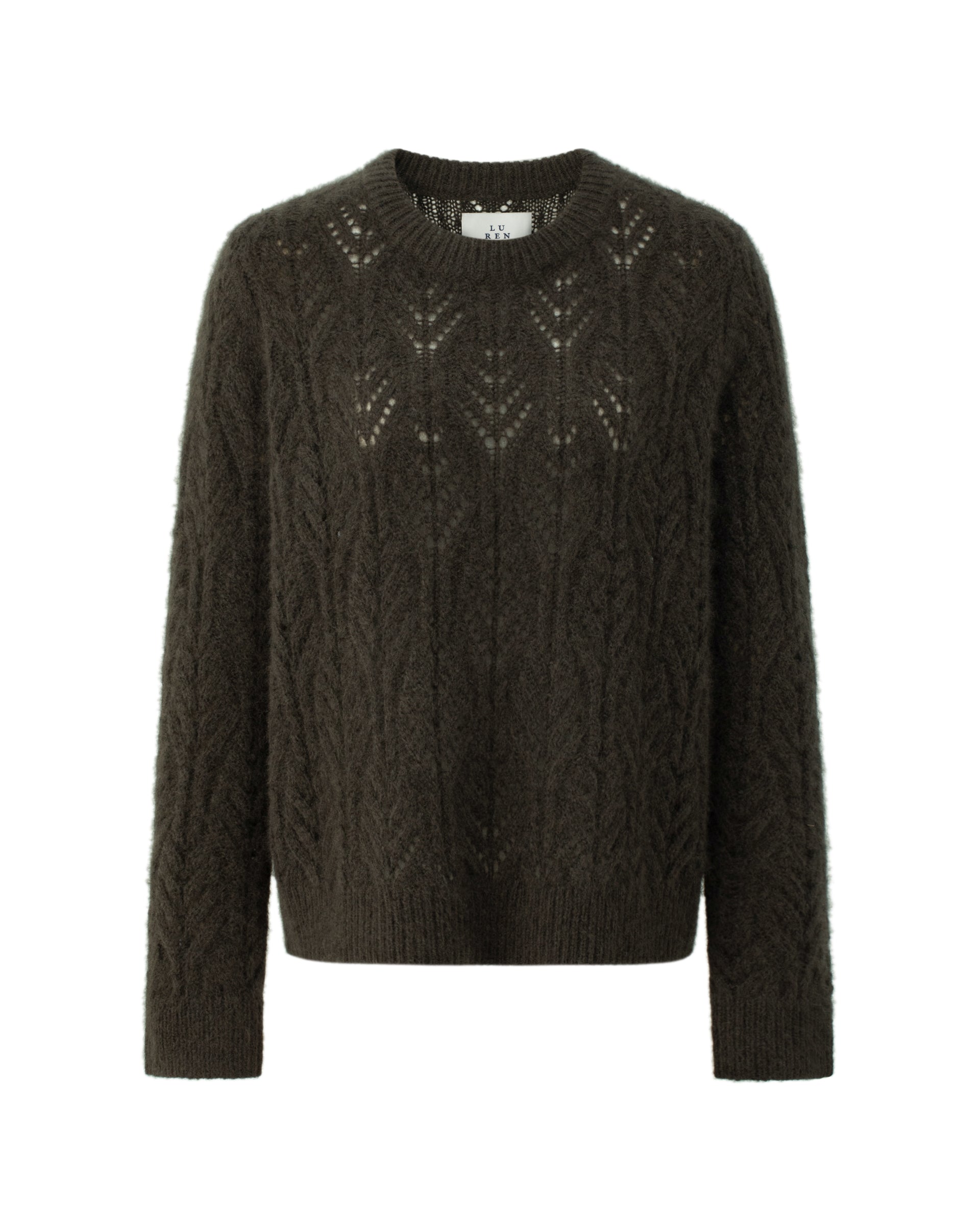 Damen Pullover aus 75 % Kaschmir und 25 % Seide in Black Forest – gestrickter Pullover mit Zopf- und Lochmuster in mittelschwerer, leicht transparenter Qualität mit lockerer Passform, Rundhalsausschnitt mit Kragen in Rippstruktur, klassischer, leicht überschnittener Schulterform sowie langen, schmalen Ärmeln. Ärmelbündchen und Saum sind in Rippstruktur gearbeitet und runden das feminine Design ab.