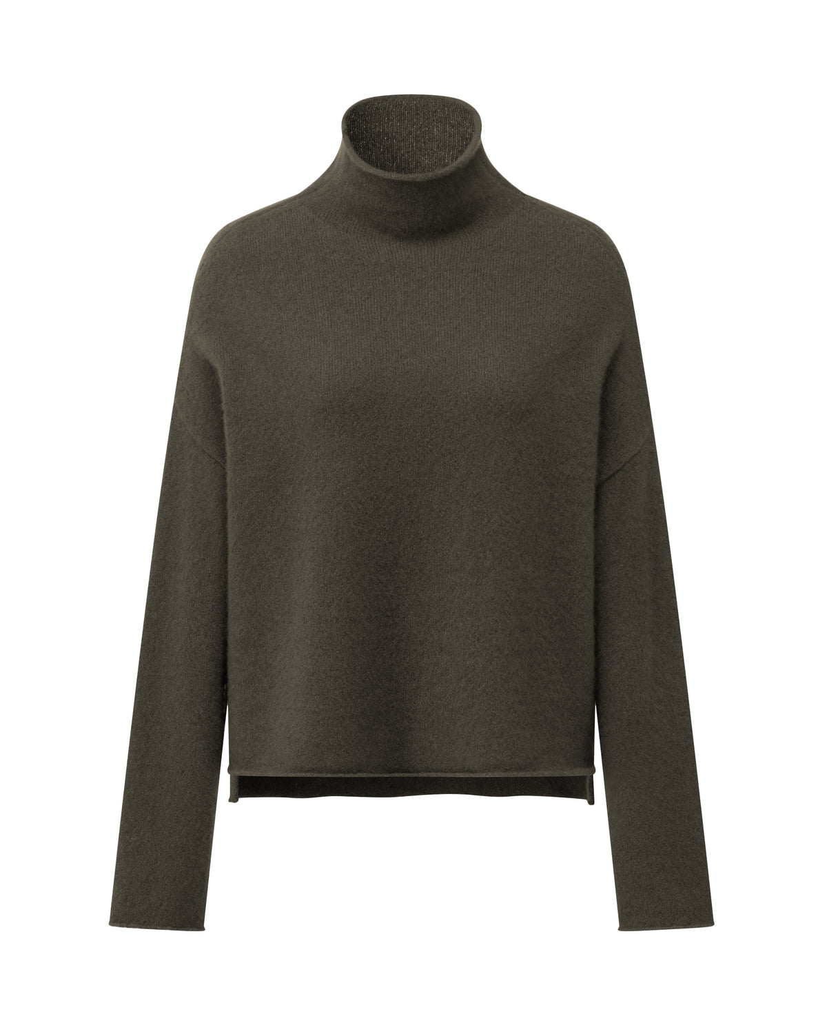 Damen Pullover aus 80 % Kaschmir, 18 % Polyamid und 2 % Elastan in Black Forest – glatt gestrickter Pullover in mittelschwerer Qualität mit gefilzter, besonders elastischer Oberfläche und oversized Passform. Das Modell verfügt über einen Stehkragen, eine überschnittene Schulterform sowie lange, relaxte Ärmel. Das verlängerte Rückenteil mit Seitenschlitzen verleiht dem Pullover eine moderne, lässige Silhouette.