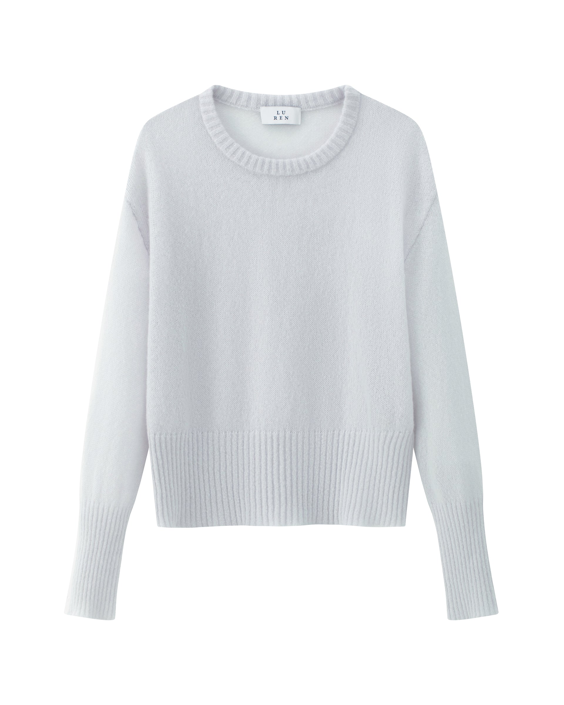 Damen Pullover in Bluish White (zartes hellblau) aus Kaschmir-Seide – leichter, glatt gestrickter Rundhalspullover mit relaxter Passform und überschnittener Schulter