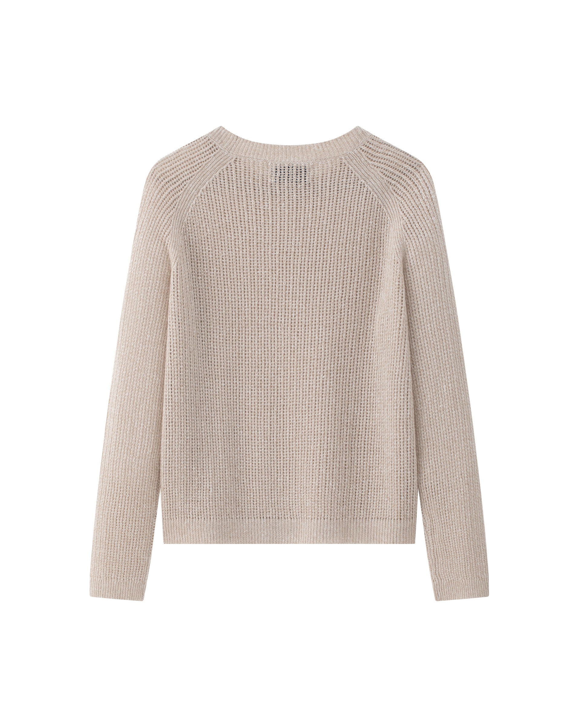 Damen Pullover in barley (beige) aus Leinen-Kaschmir – mittelschwerer Strick mit transparentem Lochmuster, relaxte Passform, Rundhalsausschnitt mit Rippkragen, dekorativer Raglanärmel, lange schmale Ärmel mit Rippbündchen