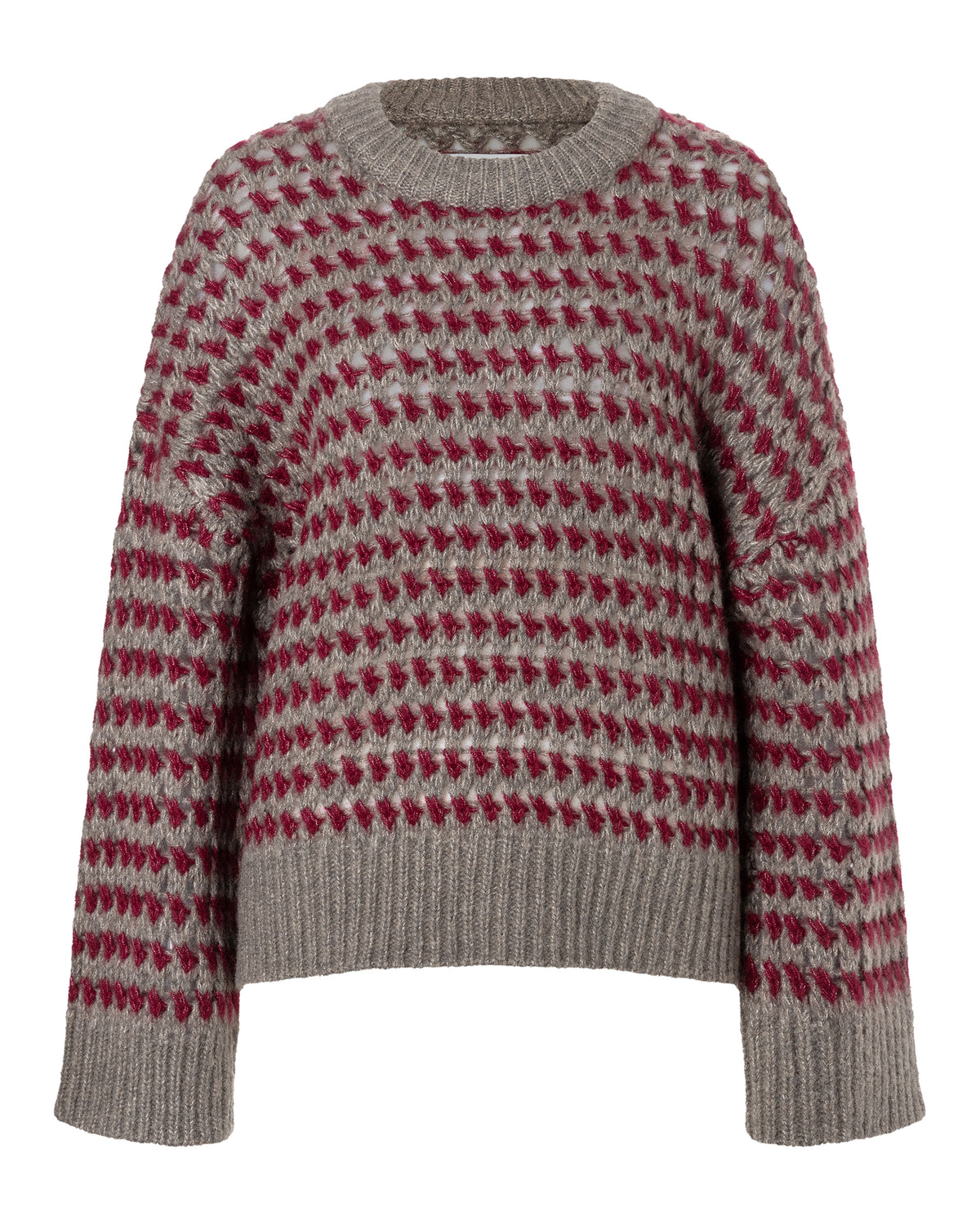 Damen Pullover aus 75% Kaschmir, 25% Seide in Earth. Cb – Pullover aus Grobstrick mit zweifarbigem Strickmuster, Rundhalsausschnitt, überschnittenen Schultern, langen, relaxten Ärmeln sowie Ärmelbündchen, Kragen und Saum in Rippstruktur.