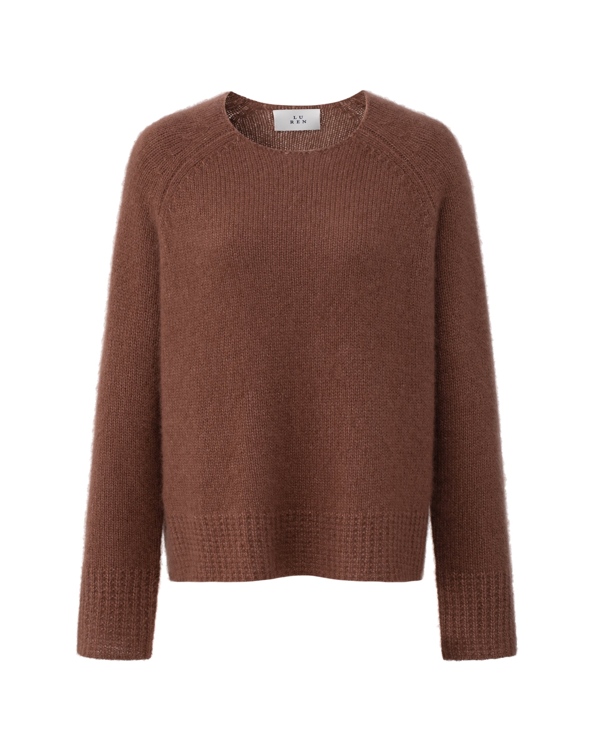 Damen Pullover aus 75 % Kaschmir und 25 % Seide in Maple – glatt gestrickter Pullover in grober Strickqualität mit lockerer Passform und geradem Schnitt, weitem, cleanem Rundhalsausschnitt, Raglanärmeln sowie langen, schmalen Ärmeln. Ärmelbündchen und Saum sind mit einem grafischen Strickmuster gearbeitet. Schlitze an den Seitennähten verleihen dem Modell eine moderne, lässige Silhouette.