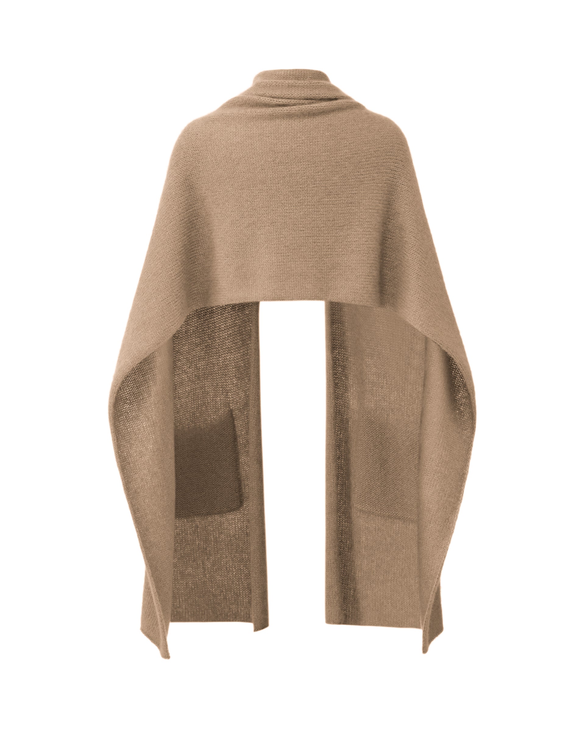 Damen Schal aus 75 % Kaschmir und 25 % Seide in Warm Sand – glatt und locker gestrickter Schal in grober Strickqualität mit aufgesetzten Taschen. Das vielseitig tragbare Modell verbindet weiche Haptik mit funktionalem Design und bietet zahlreiche Stylingmöglichkeiten.