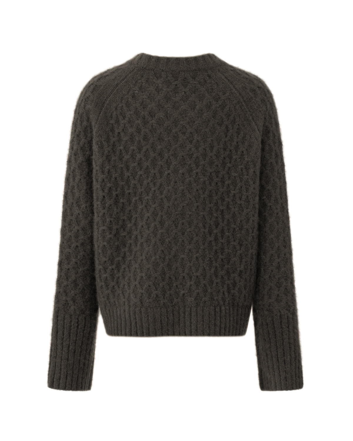 Damen Pullover aus 75 % Kaschmir und 25 % Seide in Black Forest – Pullover mit grafischem Zopfstrickmuster in grober Strickqualität und oversized Passform mit breiter, kurzer, gerade geschnittener Silhouette. Das Modell verfügt über einen Rundhalsausschnitt mit Kragen in Rippstruktur, Raglanärmel sowie lange, relaxte Ärmel. Hohe Ärmelbündchen und Saum sind in Rippstruktur gearbeitet und verleihen dem Design einen markanten, modernen Look.