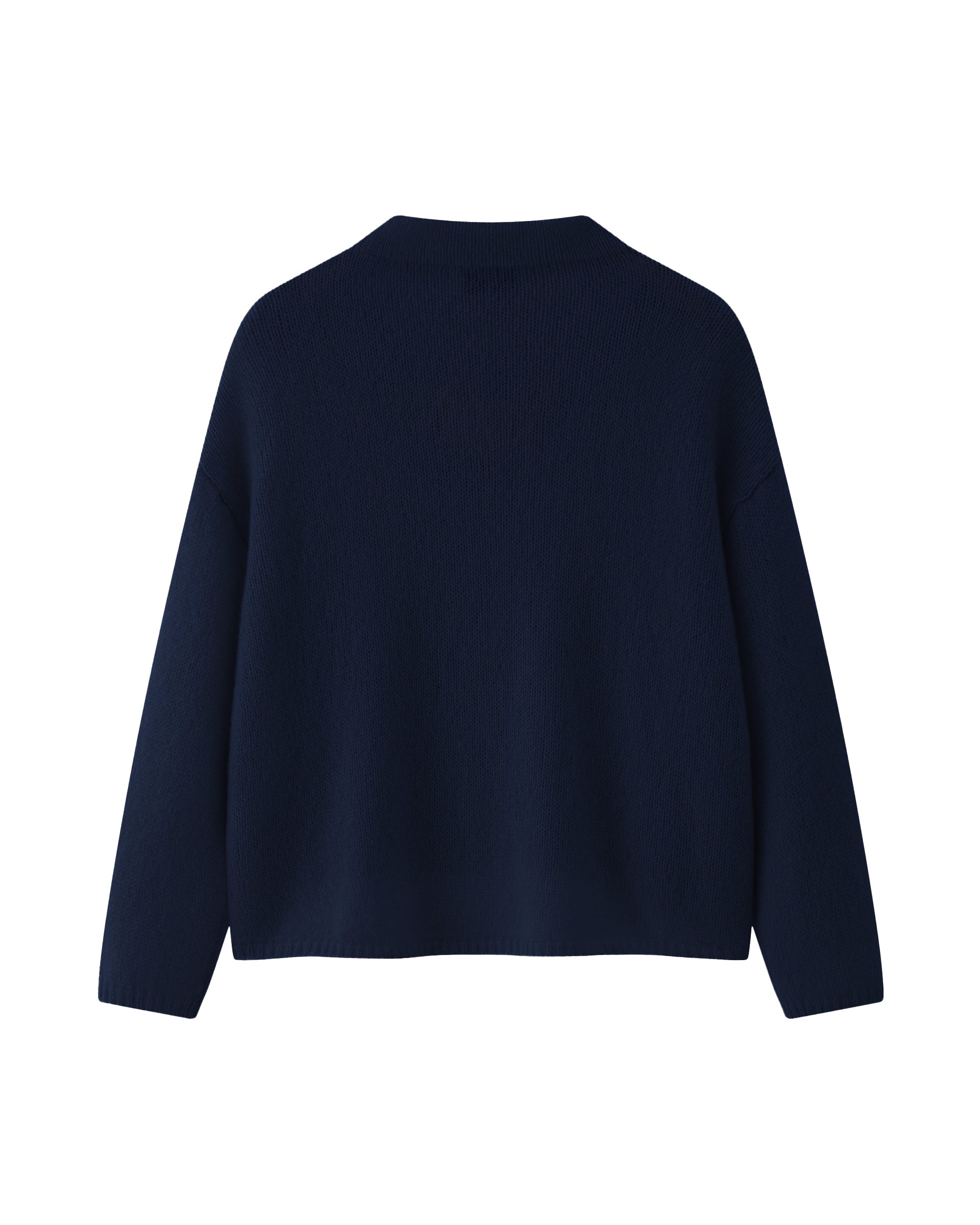 Damen Pullover in french navy (dunkelblau) aus Kaschmir-Seide – mittelschwerer, glatt und locker gestrickter Stoff, oversized Passform, Stehkragen, überschnittene Schultern, lange relaxte Ärmel sowie Rippbündchen an Ärmeln und Saum