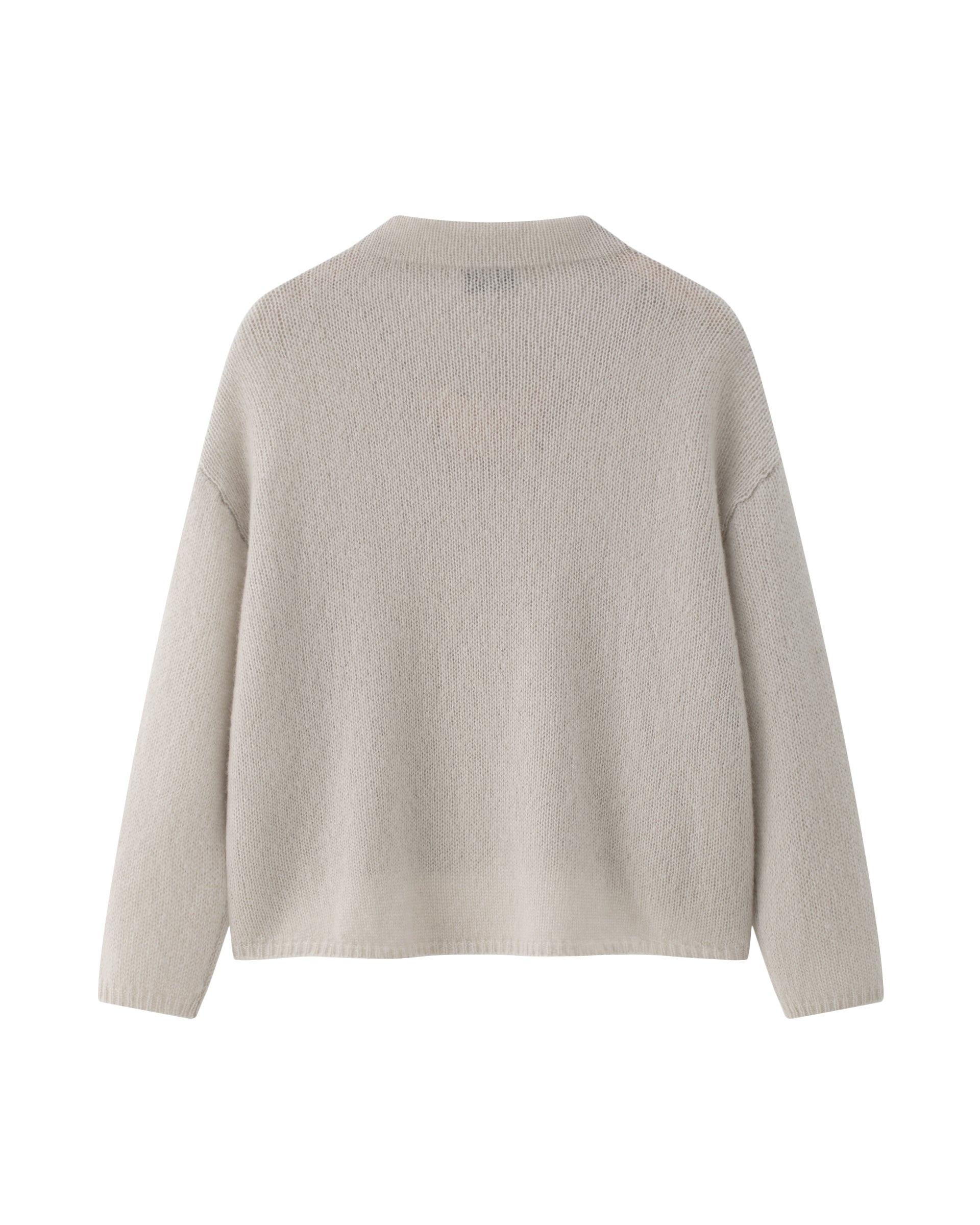 Damen Pullover in royal silver (grau) aus Kaschmir-Seide – mittelschwerer, glatt und locker gestrickter Stoff, oversized Passform, Stehkragen, überschnittene Schultern, lange relaxte Ärmel sowie Rippbündchen an Ärmeln und Saum