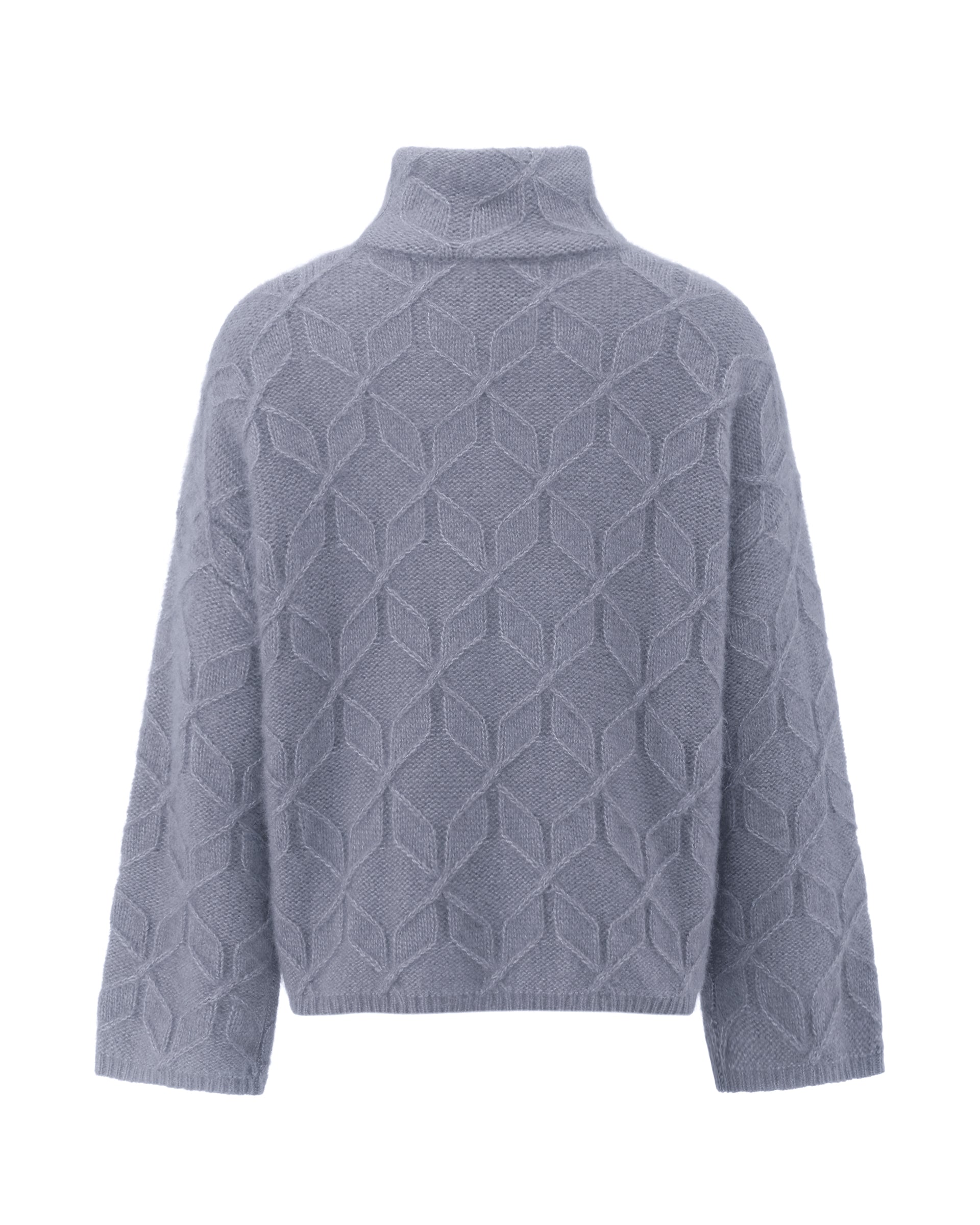 Damen Pullover aus 75 % Kaschmir und 25 % Seide in Blue Mirage – grafisches Zopfstrickmuster in mittelschwerer Qualität mit oversized Passform, breiter und kurzer Silhouette, hohem doppeltem Stehkragen sowie überschnittenen Schultern. Lange, gerade Ärmel und Abschlüsse in Rippstruktur verleihen dem Modell einen modernen Look.