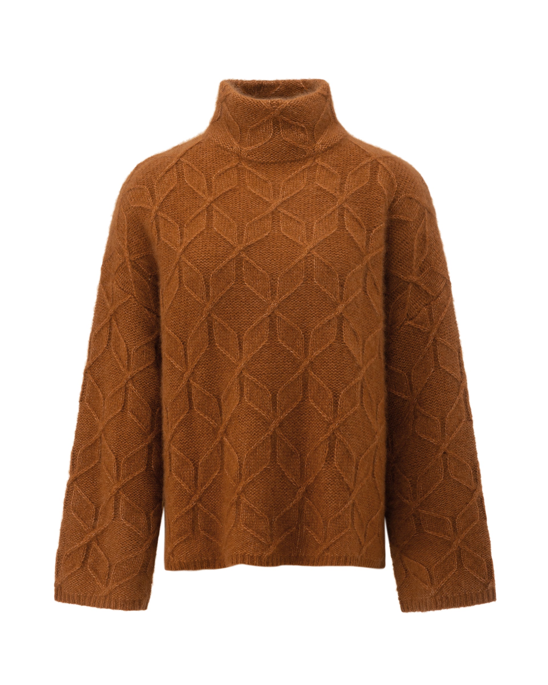 Damen Pullover aus 75 % Kaschmir und 25 % Seide in Bronze – grafisches Zopfstrickmuster in mittelschwerer Qualität mit oversized Passform, breiter und kurzer Silhouette, hohem doppeltem Stehkragen sowie überschnittenen Schultern. Lange, gerade Ärmel und Abschlüsse in Rippstruktur verleihen dem Modell einen modernen Look.