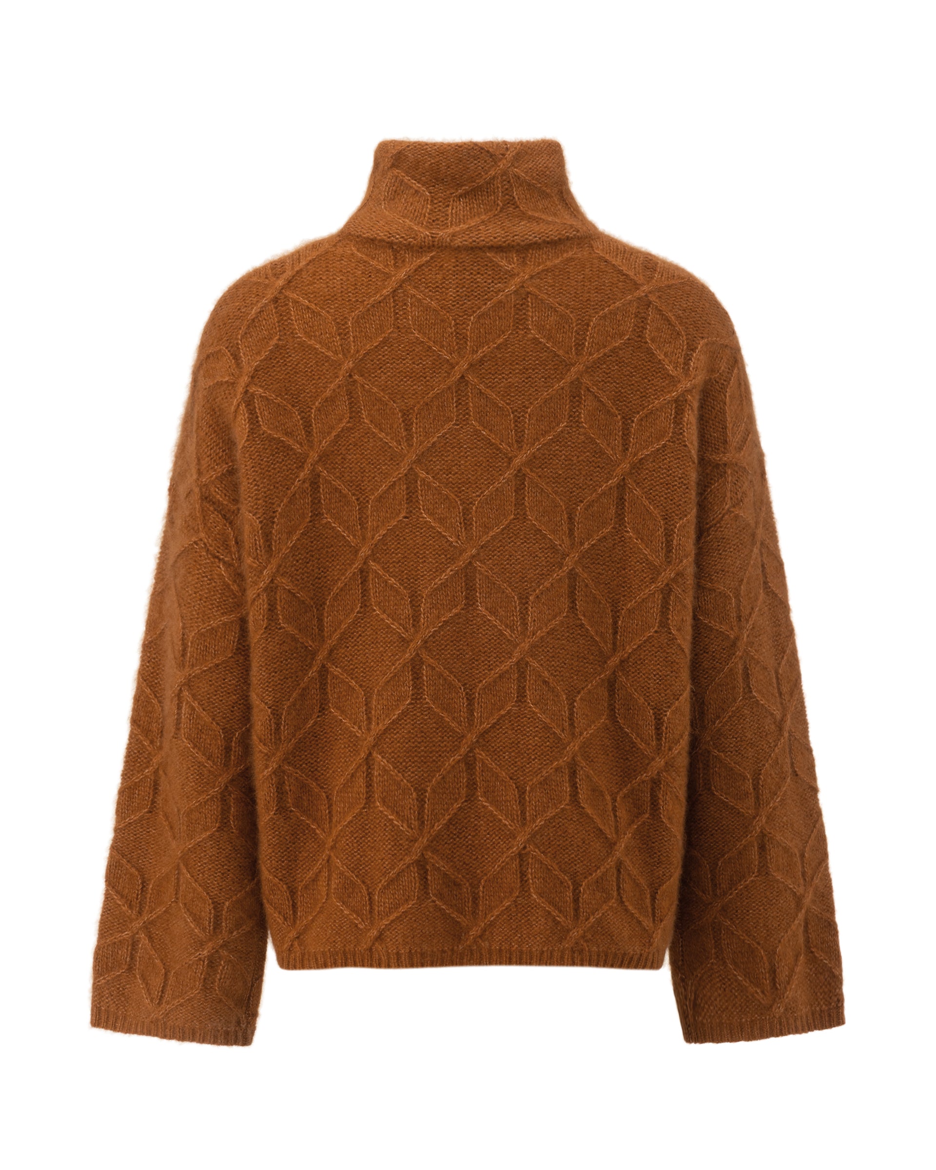 Damen Pullover aus 75 % Kaschmir und 25 % Seide in Bronze – grafisches Zopfstrickmuster in mittelschwerer Qualität mit oversized Passform, breiter und kurzer Silhouette, hohem doppeltem Stehkragen sowie überschnittenen Schultern. Lange, gerade Ärmel und Abschlüsse in Rippstruktur verleihen dem Modell einen modernen Look.