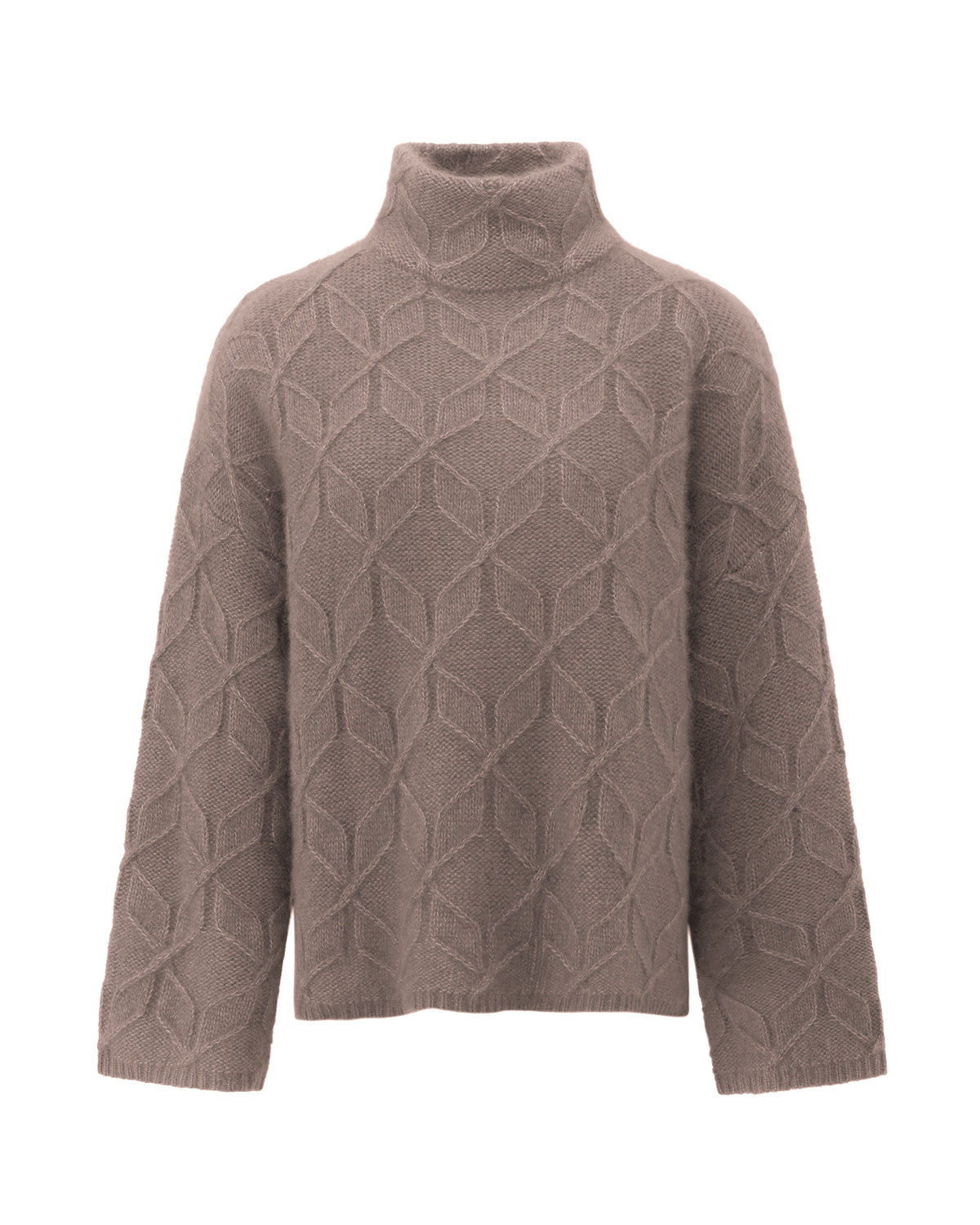 Damen Pullover aus 75 % Kaschmir und 25 % Seide in Natural Twine – grafisches Zopfstrickmuster in mittelschwerer Qualität mit oversized Passform, breiter und kurzer Silhouette, hohem doppeltem Stehkragen sowie überschnittenen Schultern. Lange, gerade Ärmel und Abschlüsse in Rippstruktur verleihen dem Modell einen modernen Look.
