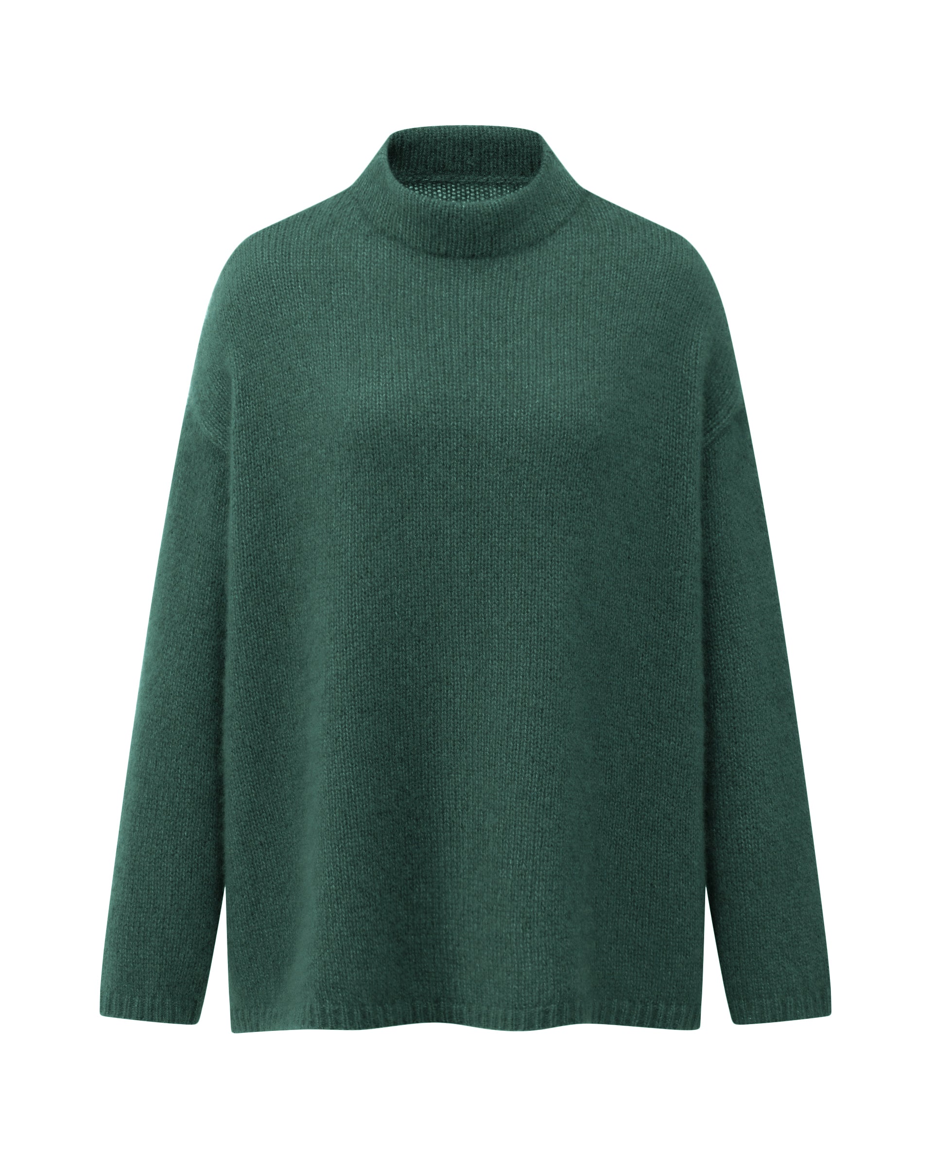 Damen Pullover aus 75 % Kaschmir und 25 % Seide in Emerald – glatt gestrickter Pullover in mittelschwerer Qualität mit oversized Passform, Stehkragen, überschnittener Schulterform sowie langen, relaxten Ärmeln. Das Modell überzeugt mit einer modernen, entspannten Silhouette und zeitlosem Design.