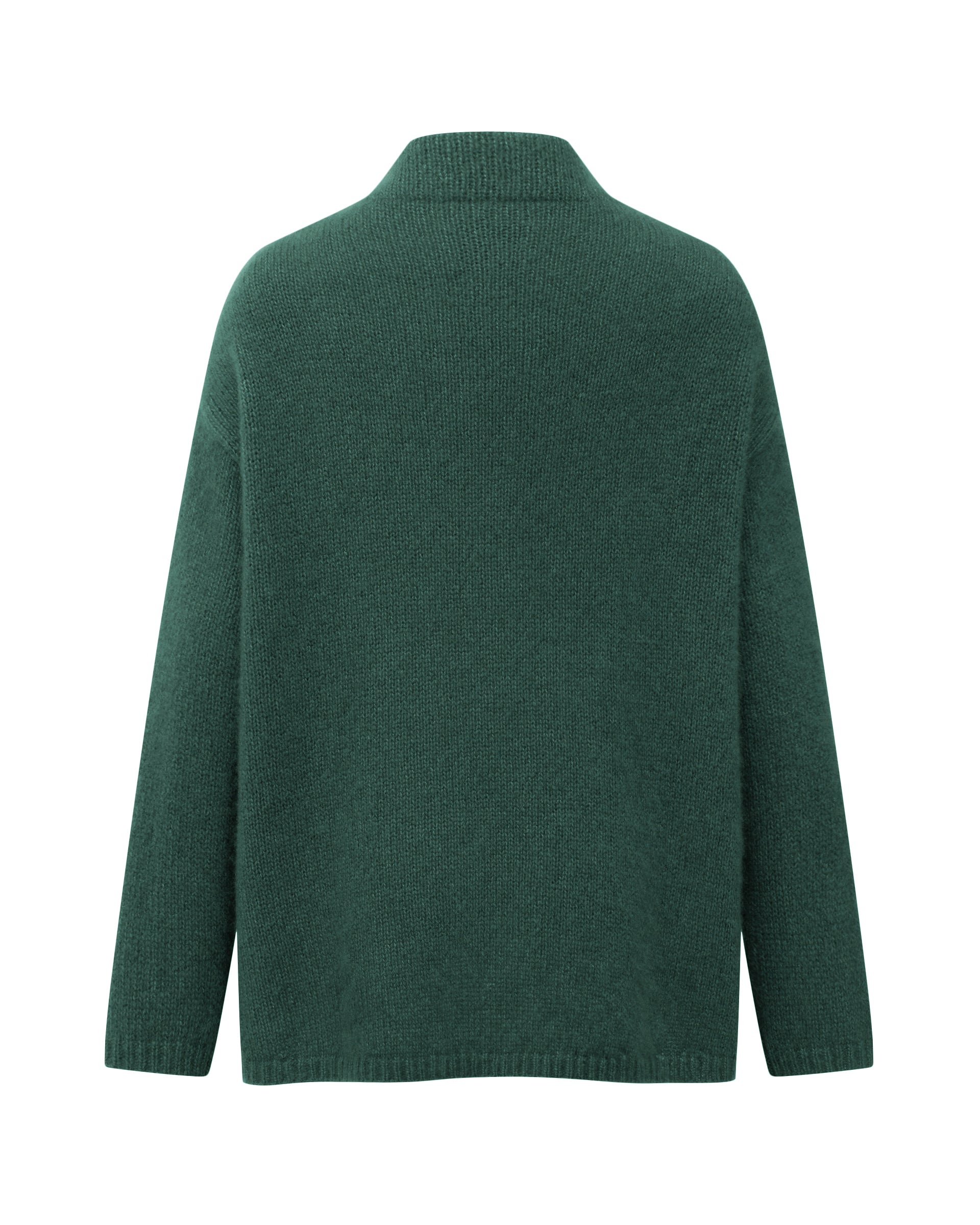 Damen Pullover aus 75 % Kaschmir und 25 % Seide in Emerald – glatt gestrickter Pullover in mittelschwerer Qualität mit oversized Passform, Stehkragen, überschnittener Schulterform sowie langen, relaxten Ärmeln. Das Modell überzeugt mit einer modernen, entspannten Silhouette und zeitlosem Design.