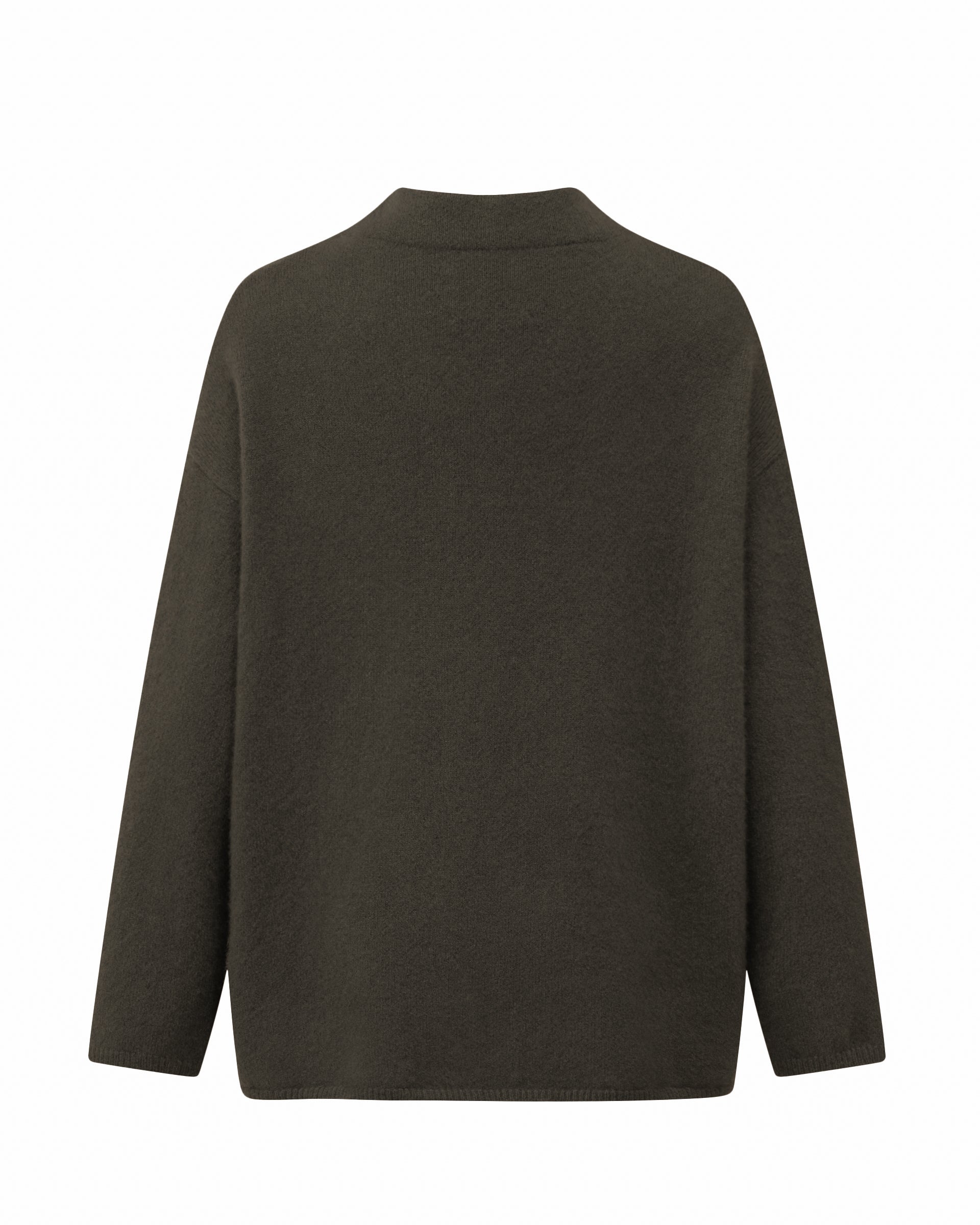Damen Pullover aus 80 % Kaschmir, 18 % Polyamid und 2 % Elastan in Black Forest – glatt gestrickter Pullover in mittelschwerer Qualität mit gefilzter, besonders elastischer Oberfläche und oversized Passform. Das Modell verfügt über einen Stehkragen, eine überschnittene Schulterform sowie lange, relaxte Ärmel und überzeugt durch seine moderne, komfortable Silhouette.