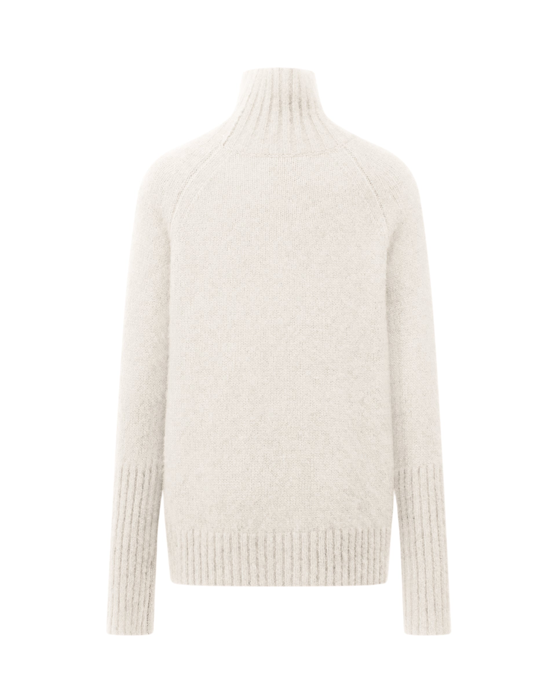 Damen Pullover aus 75 % Kaschmir und 25 % Seide in Ivory – glatt gestrickter Pullover in mittelschwerer Qualität mit langer, relaxter Passform, die zum Saum hin leicht ausgestellt ist. Das Modell verfügt über einen Stehkragen in Rippstruktur, Raglanschultern sowie lange, schmale Ärmel. Hohe Ärmelbündchen und der Saum sind in Rippstruktur gearbeitet und verleihen dem Pullover eine moderne, elegante Silhouette.