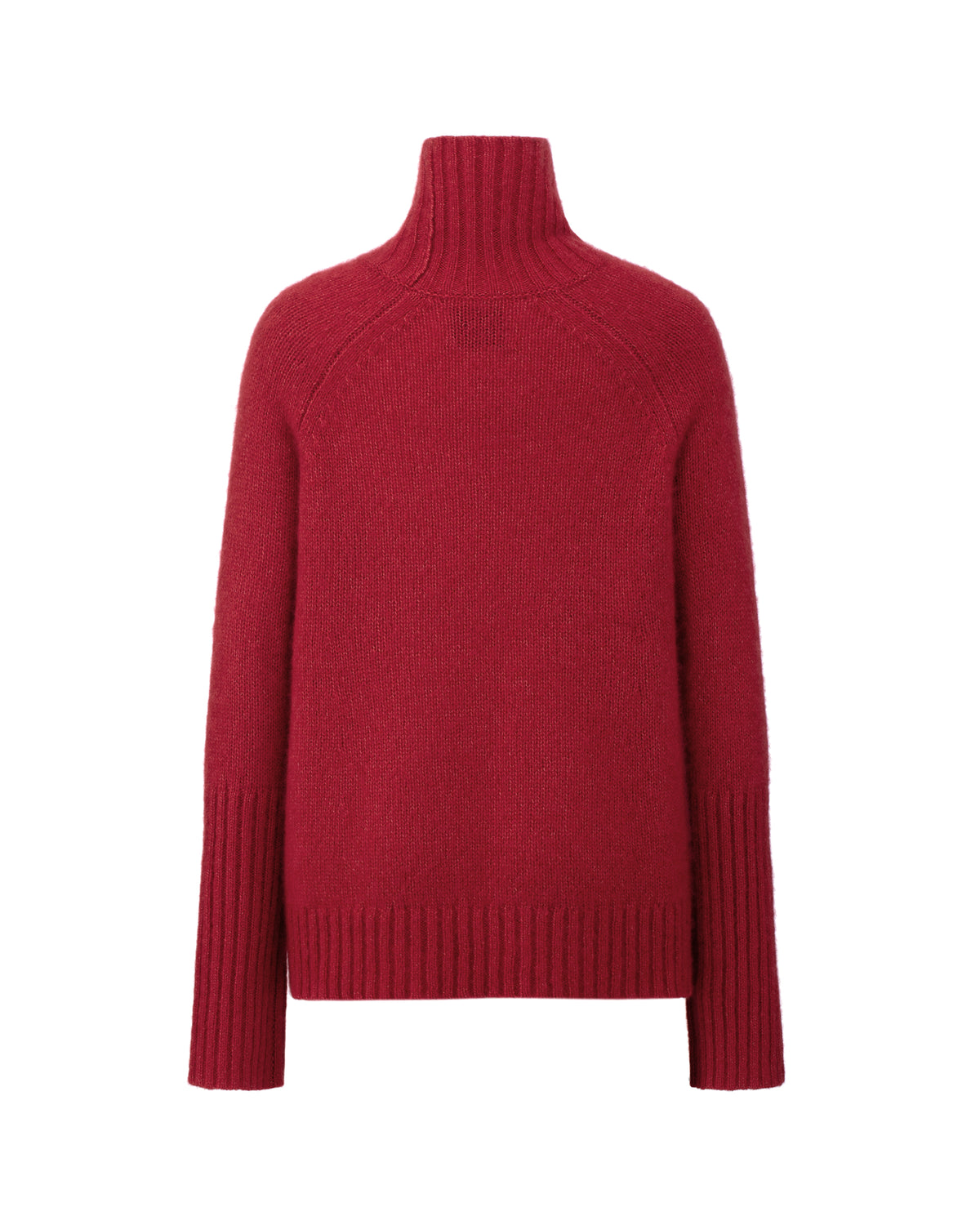 Damen Pullover aus 75 % Kaschmir und 25 % Seide in Royal Garnet – glatt gestrickter Pullover in mittelschwerer Qualität mit langer, relaxter Passform, die zum Saum hin leicht ausgestellt ist. Das Modell verfügt über einen Stehkragen in Rippstruktur, Raglanschultern sowie lange, schmale Ärmel. Hohe Ärmelbündchen und der Saum sind in Rippstruktur gearbeitet und verleihen dem Pullover eine moderne, elegante Silhouette.