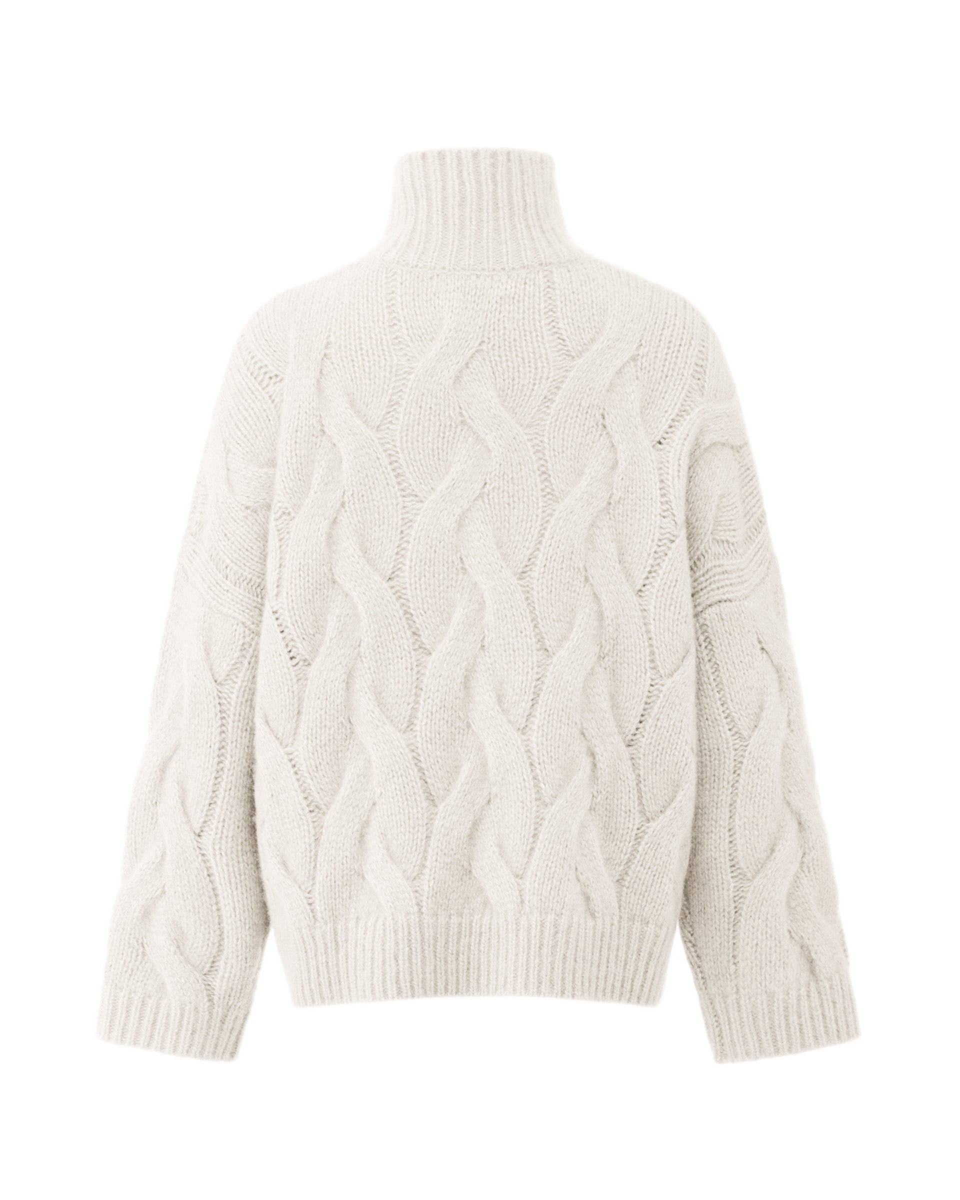 Damen Pullover aus 75 % Kaschmir und 25 % Seide in Ivory – grob gestrickter Pullover mit Zopfstrickmuster in oversized Passform mit langer, weiter Silhouette. Das Modell verfügt über einen hohen Stehkragen in Rippstruktur, eine überschnittene Schulter sowie lange, weite Ärmel. Ärmelbündchen und Saum sind in Rippstruktur gearbeitet und unterstreichen den markanten Strickcharakter des Designs.