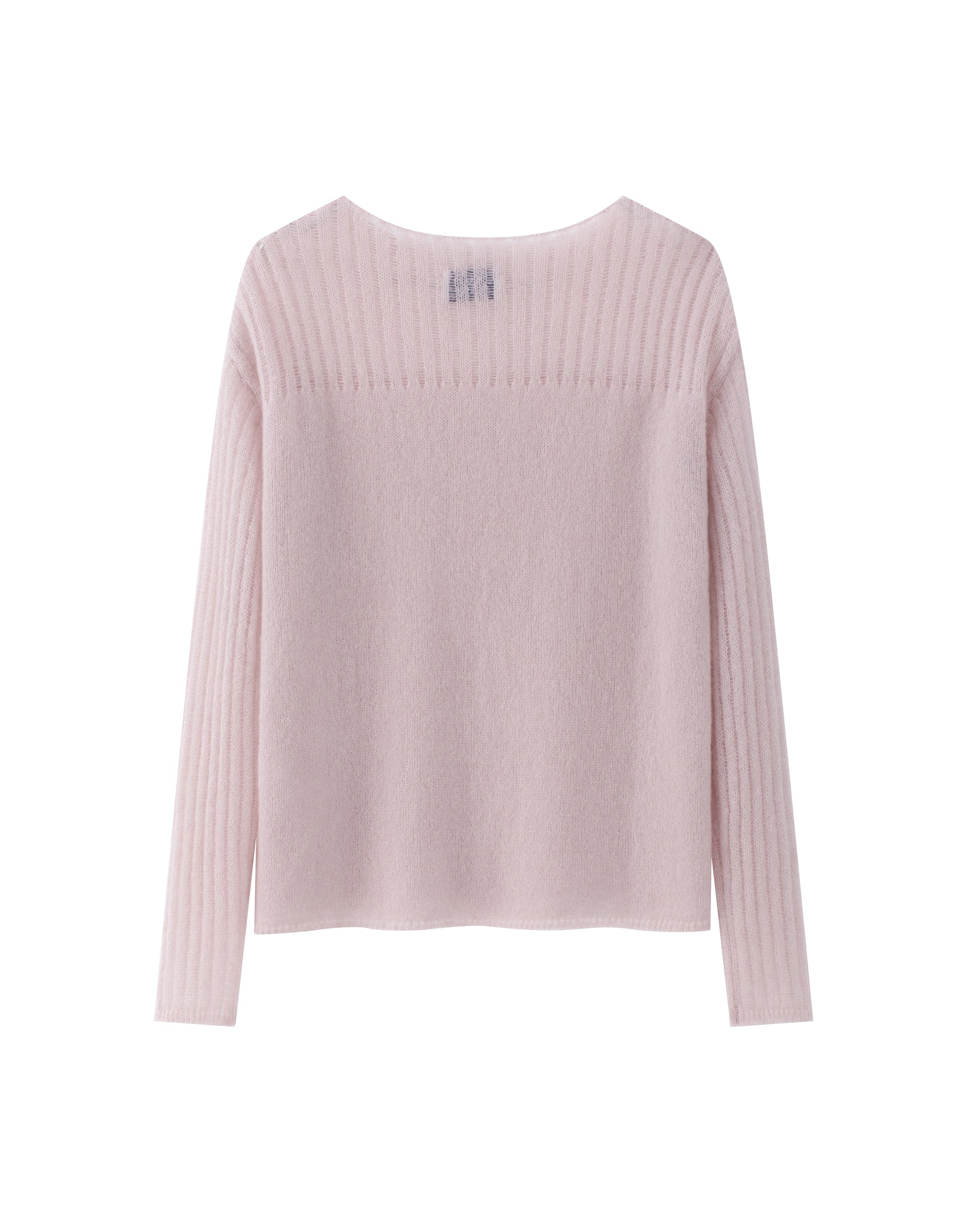 Damen Pullover in pinkish grey (rosa) aus Kaschmir-Seide – leichter, luftiger Strick, glatt mit dekorativem Lochmuster oberhalb und an den Ärmeln, relaxte Passform, U-Boot-Ausschnitt, überschnittene Schultern, lange schmale Ärmel sowie Rippbündchen an Ärmeln und Saum