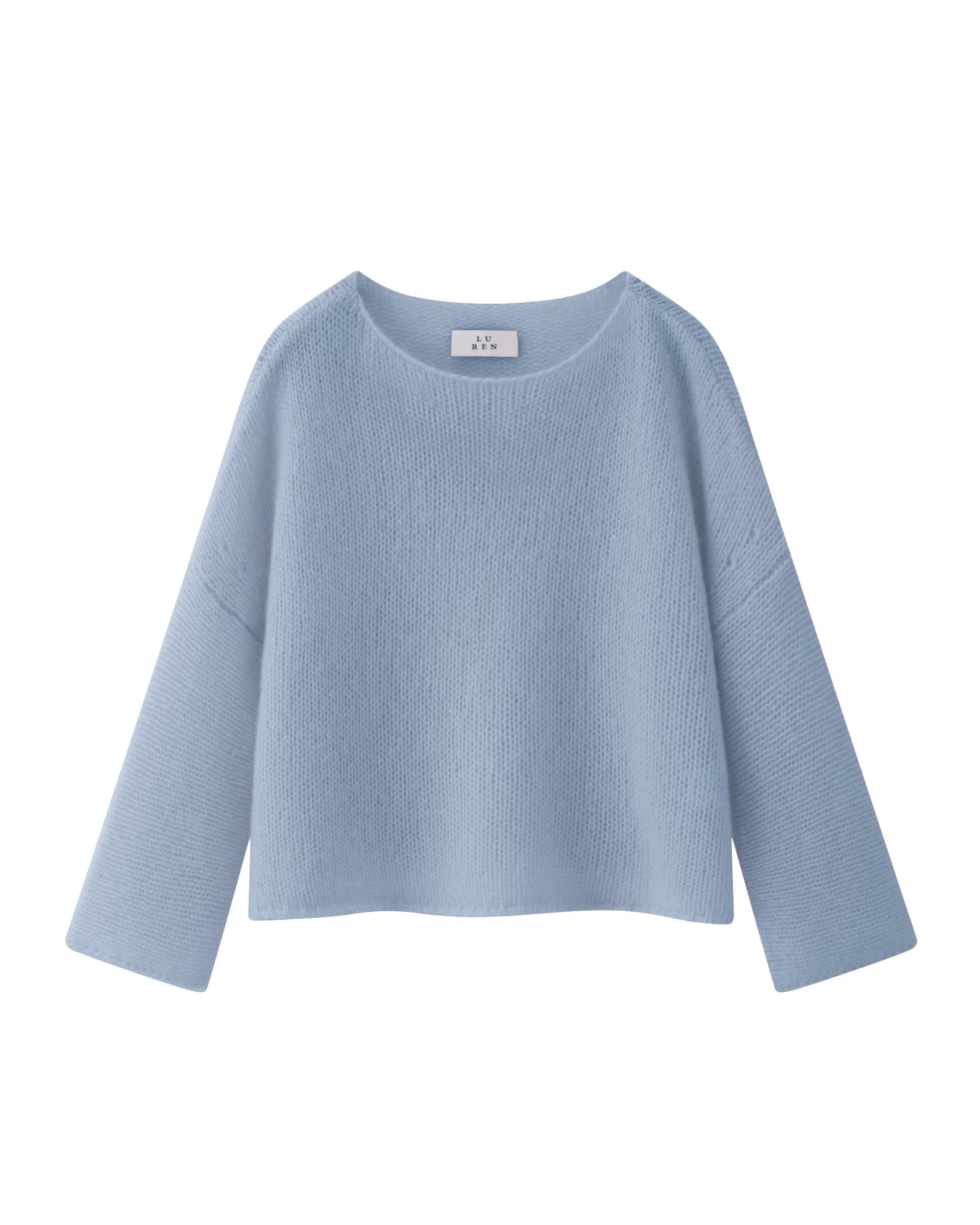 Damen Pullover in sky blue (blau) aus Kaschmir-Seide – grob, glatt und locker gestrickt mit dekorativem Lochmuster oberhalb der Ärmel, oversized Passform, U-Boot-Ausschnitt, überschnittene Schultern sowie lange, weite Ärmel.