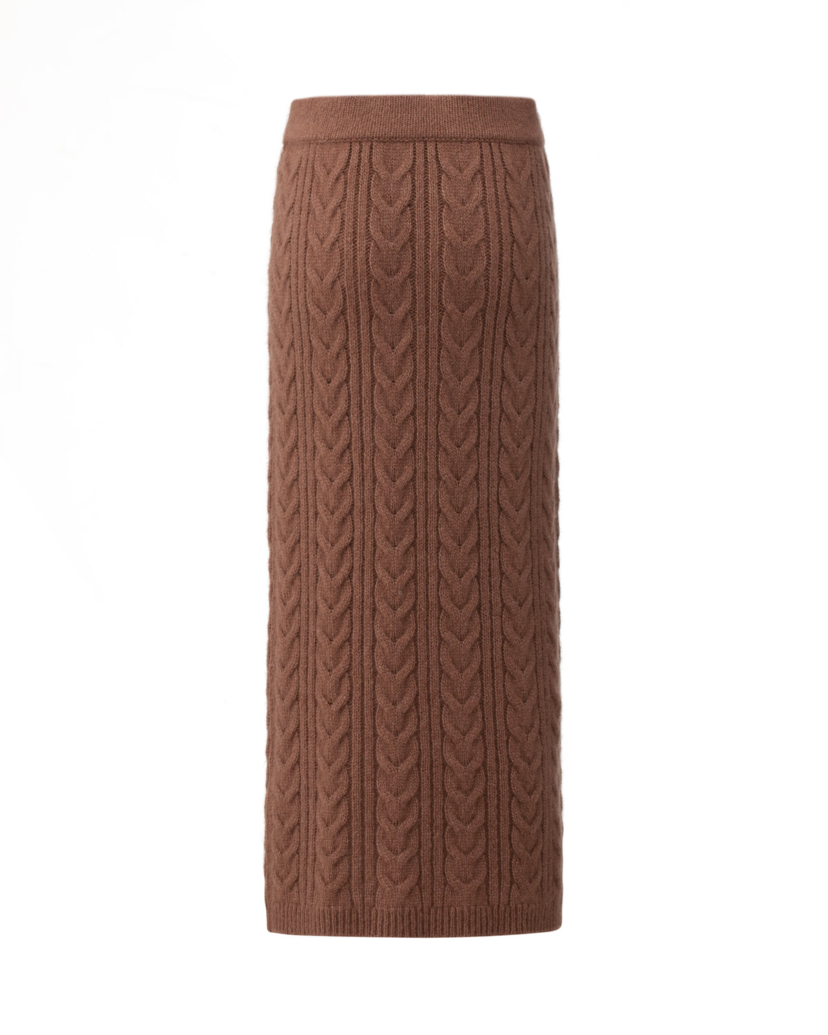Damen Strickrock aus 75 % Kaschmir und 25 % Seide in Maple – Strickrock mit Zopfstrickmuster in mittelschwerer Qualität mit figurbetonter, gerade geschnittener Passform und Midi-Länge. Das Modell verfügt über einen Taillenbund mit Gummizug sowie einen Saum in Rippstruktur und verbindet zeitlose Eleganz mit hohem Tragekomfort.