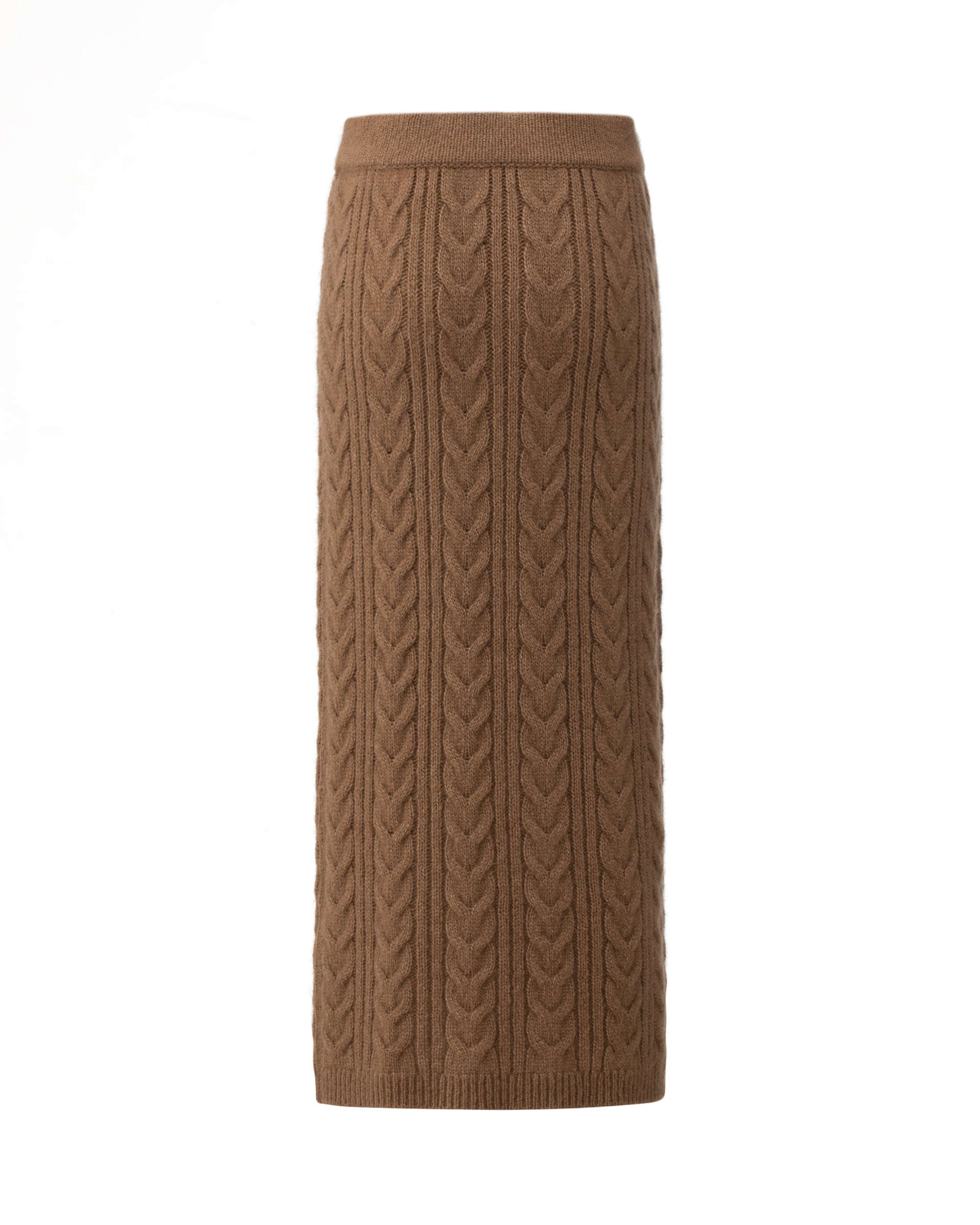Damen Strickrock aus 75 % Kaschmir und 25 % Seide in Vintage Cocoa – Strickrock mit Zopfstrickmuster in mittelschwerer Qualität mit figurbetonter, gerade geschnittener Passform und Midi-Länge. Das Modell verfügt über einen Taillenbund mit Gummizug sowie einen Saum in Rippstruktur und verbindet zeitlose Eleganz mit hohem Tragekomfort.