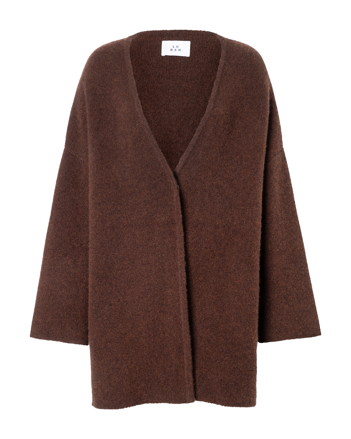 Damen Jacke aus 80% Kaschmir, 18% Polyamid, 2% Elastan in Chocolate Cremoso – Glatt gestrickte Jacke mit verdecktem Druckknopf, überschnittenen Schultern und langen, relaxten Ärmeln.