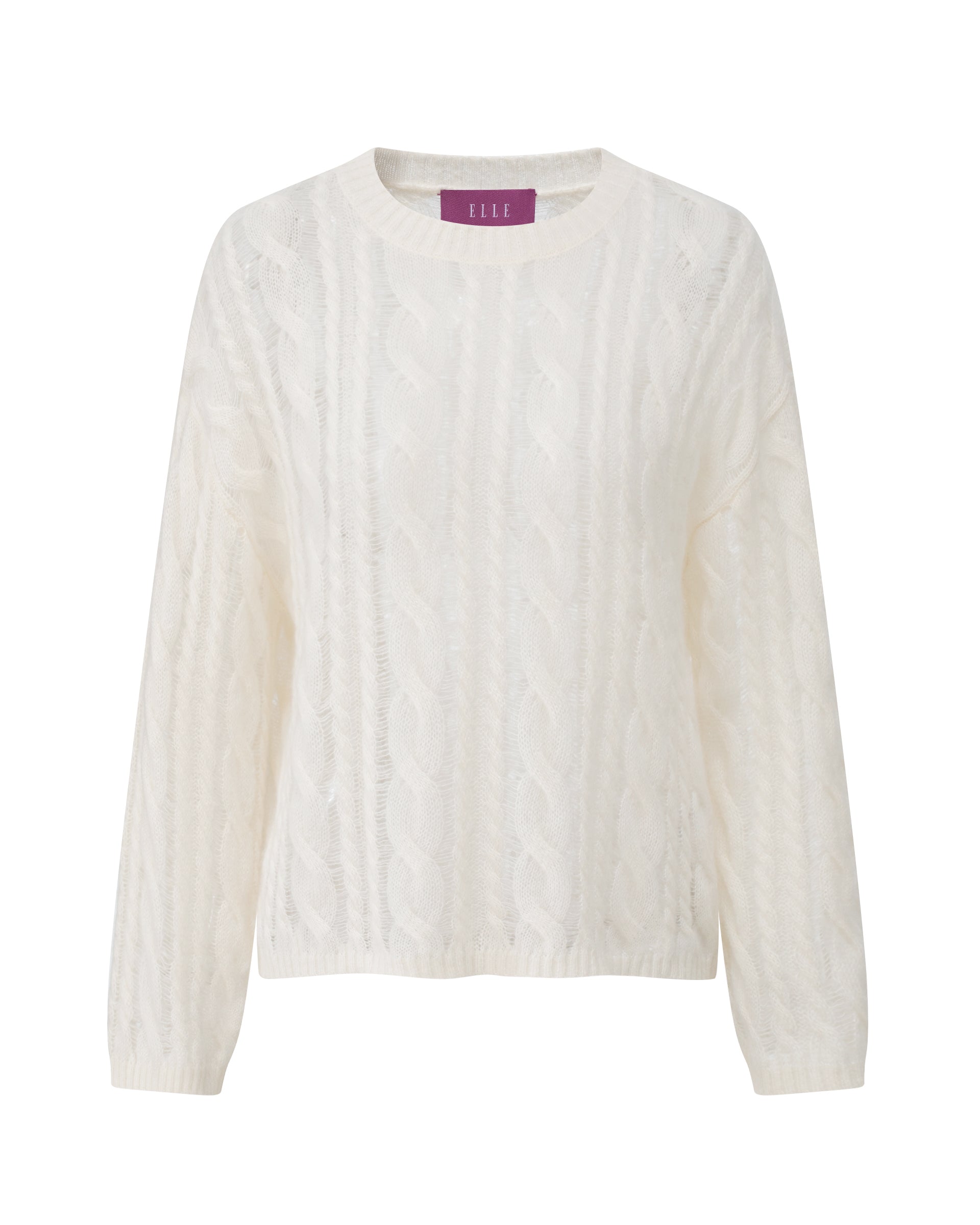 Damen Pullover in ivory (cremeweiß) aus Kaschmir-Seide – sehr filigran, leicht und luftig gestrickt, transparent mit Zopfstrickmuster und langen Flottungen, relaxte Passform, Rundhalsausschnitt mit Rippkragen, überschnittene Schultern, lange weite Ärmel sowie Rippbündchen an Ärmeln und Saum.