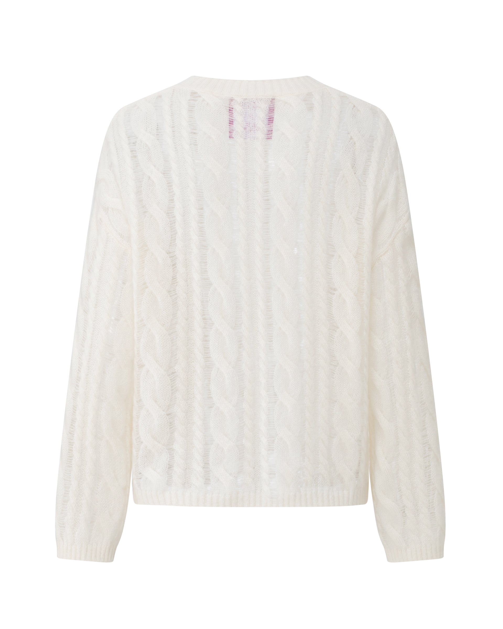 Damen Pullover in ivory (cremeweiß) aus Kaschmir-Seide – sehr filigran, leicht und luftig gestrickt, transparent mit Zopfstrickmuster und langen Flottungen, relaxte Passform, Rundhalsausschnitt mit Rippkragen, überschnittene Schultern, lange weite Ärmel sowie Rippbündchen an Ärmeln und Saum.