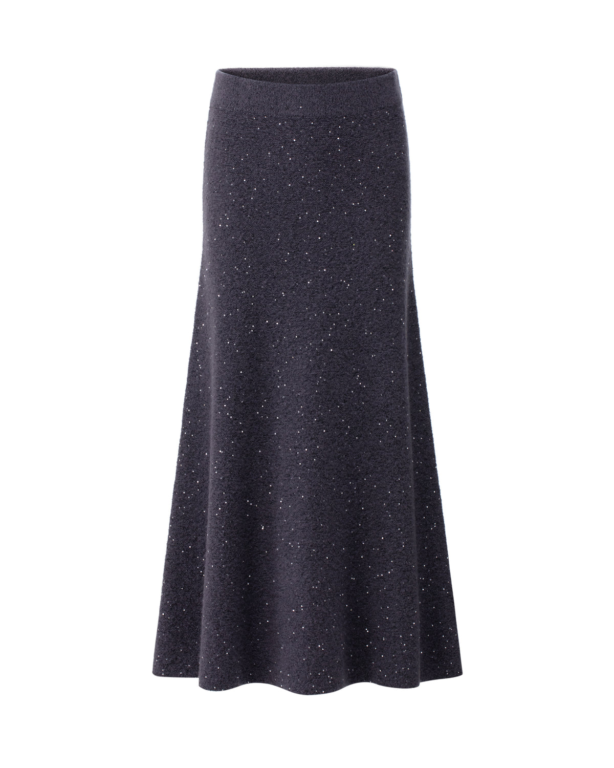 Damen Strickrock aus 56 % Kaschmir, 28 % Baumwolle, 12 % Polyamid, 2 % Elastan und 2 % Pailletten in Graphite Grey – links gestrickter Rock in mittelschwerer Qualität mit figurbetonter A-Linie und Midi-Länge. Das Modell verfügt über einen Taillenbund mit Gummizug. Dezent eingearbeitete Pailletten verleihen dem Rock einen eleganten, schimmernden Akzent.