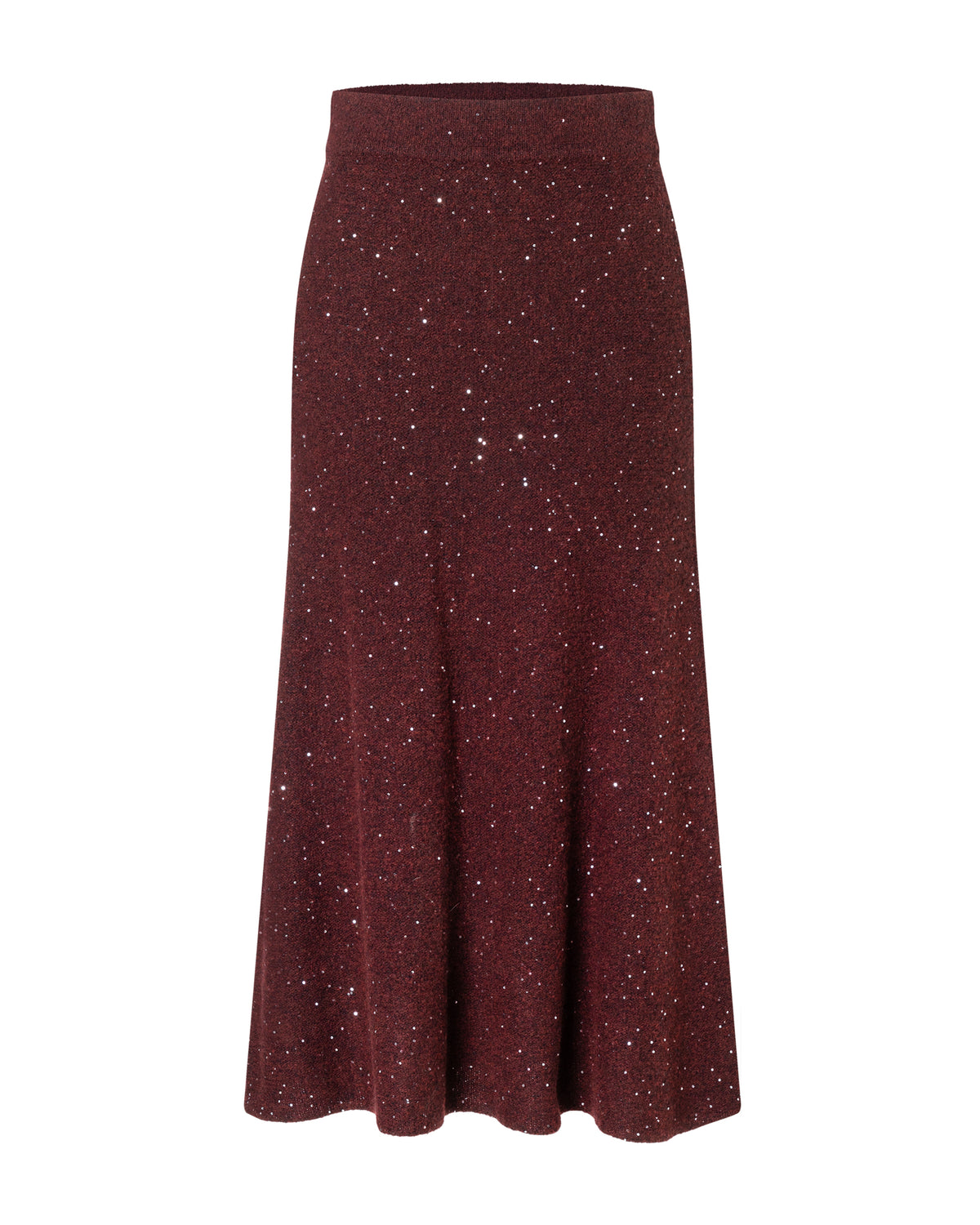 Damen Strickrock aus 56 % Kaschmir, 28 % Baumwolle, 12 % Polyamid, 2 % Elastan und 2 % Pailletten in Burgundy – links gestrickter Rock in mittelschwerer Qualität mit figurbetonter A-Linie und Midi-Länge. Das Modell verfügt über einen Taillenbund mit Gummizug. Dezent eingearbeitete Pailletten verleihen dem Rock einen eleganten, schimmernden Akzent.