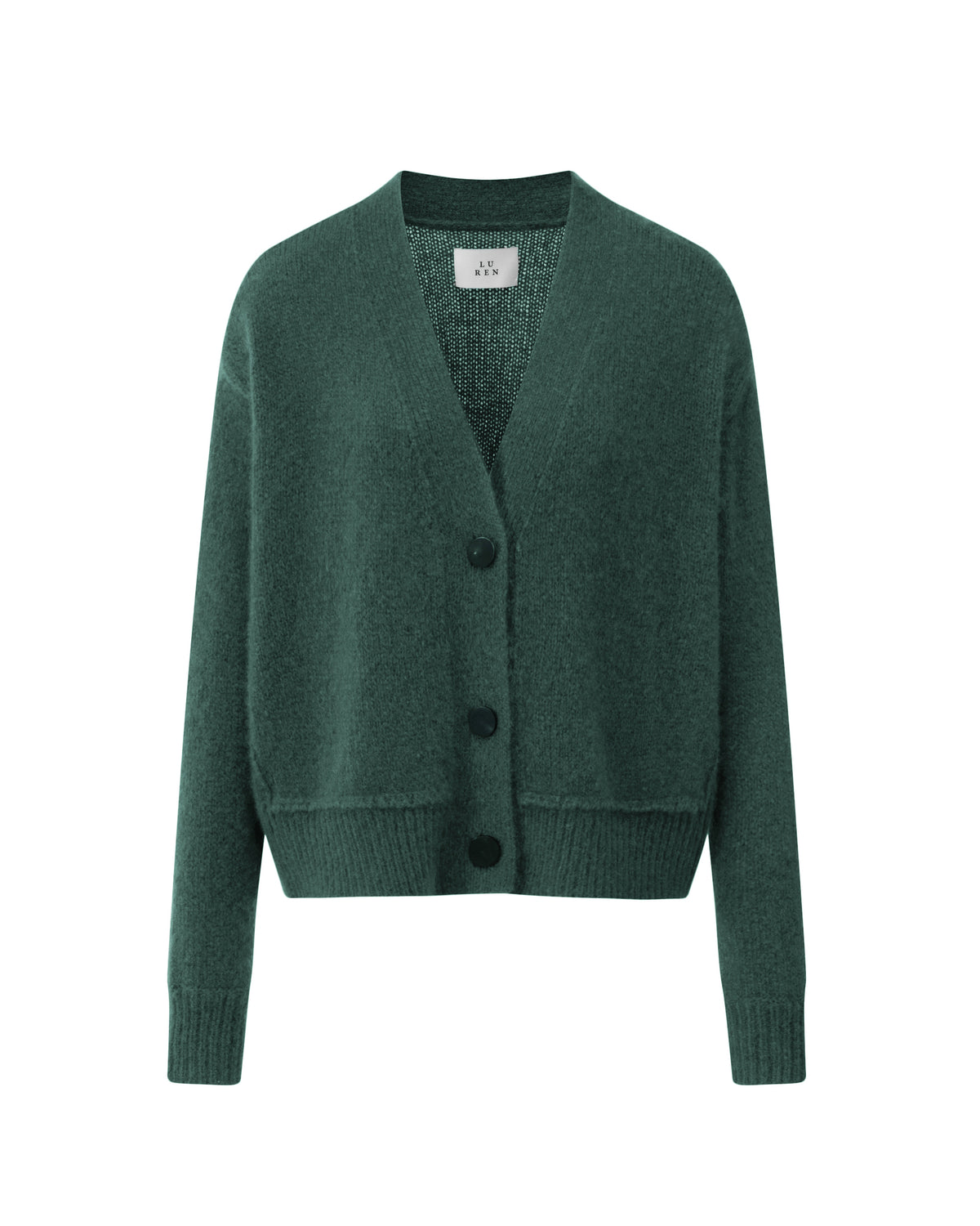 Damen Cardigan aus 75 % Kaschmir und 25 % Seide in Emerald – glatt gestrickter Cardigan in mittelschwerer Qualität mit kastiger Form in breiter, kurzer Silhouette. Das Modell verfügt über überschnittene Schultern, Hornknöpfe und lange, relaxte Ärmel. Saum und Ärmelbündchen sind in Rippstruktur gearbeitet und verleihen dem Cardigan einen modernen, lässigen Look.