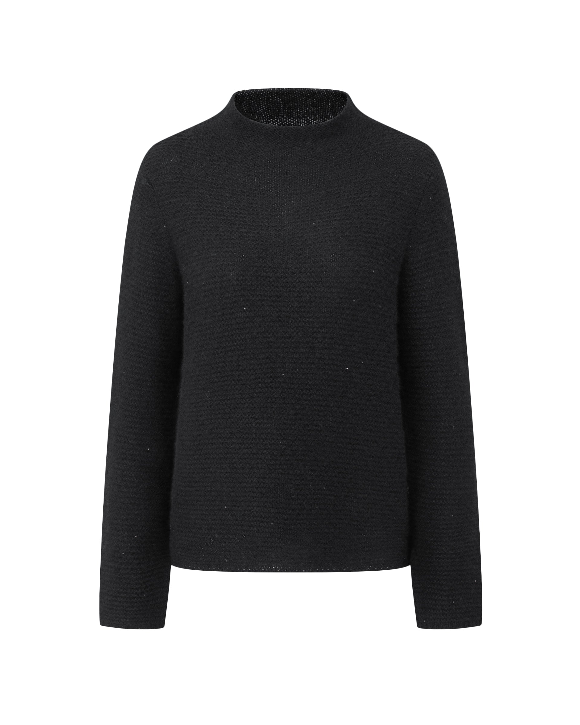 Damen Pullover aus 67 % Kaschmir, 32 % Seide und 1 % Pailletten in Black – links gestrickter Pullover in mittelschwerer Qualität mit relaxter Passform, angestricktem, kleinem Stehkragen, klassischer, leicht überschnittener Schulterform sowie langen, relaxten Ärmeln. Dezent eingearbeitete Pailletten verleihen dem Modell einen eleganten, schimmernden Akzent.
