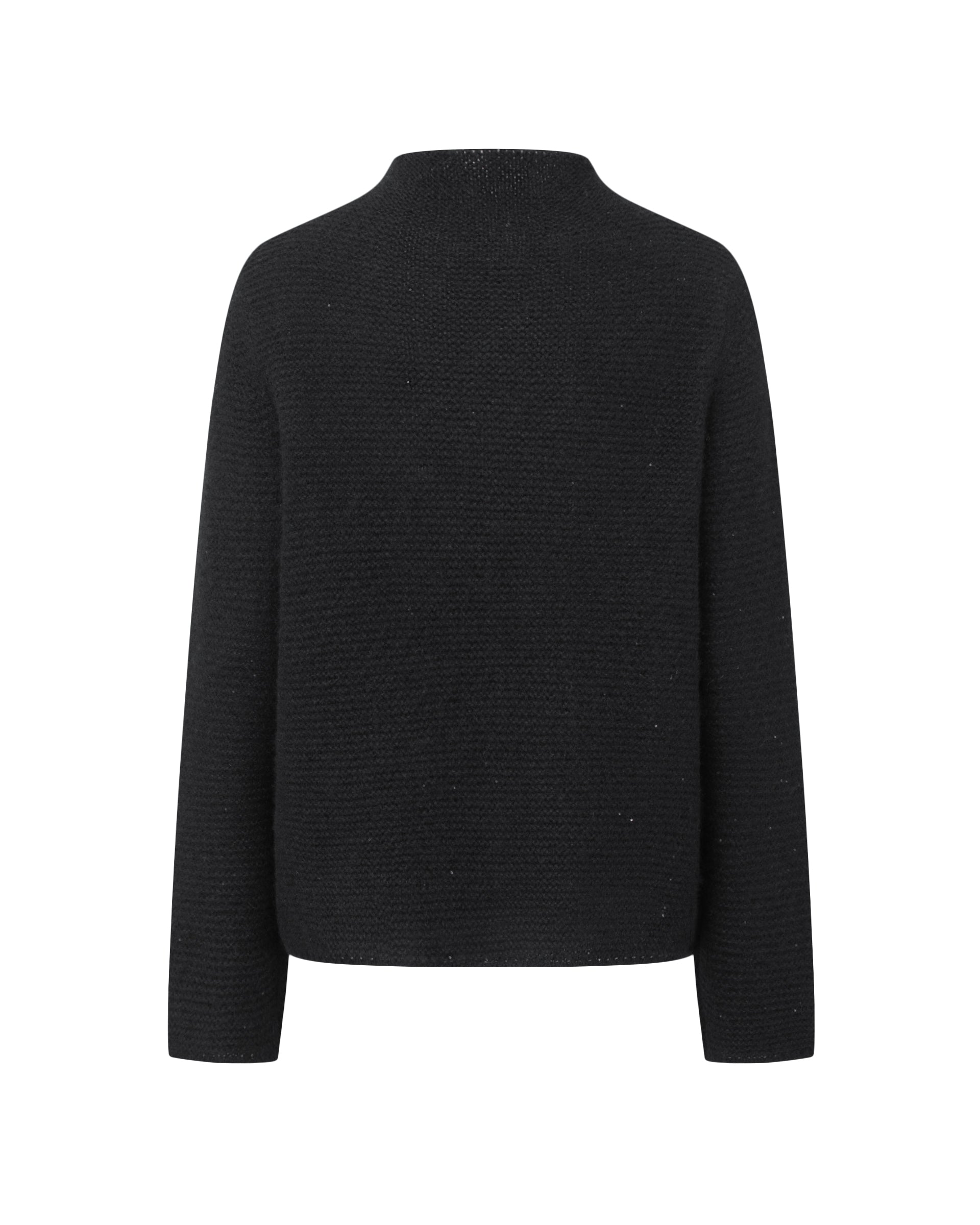 Damen Pullover aus 67 % Kaschmir, 32 % Seide und 1 % Pailletten in Black – links gestrickter Pullover in mittelschwerer Qualität mit relaxter Passform, angestricktem, kleinem Stehkragen, klassischer, leicht überschnittener Schulterform sowie langen, relaxten Ärmeln. Dezent eingearbeitete Pailletten verleihen dem Modell einen eleganten, schimmernden Akzent.