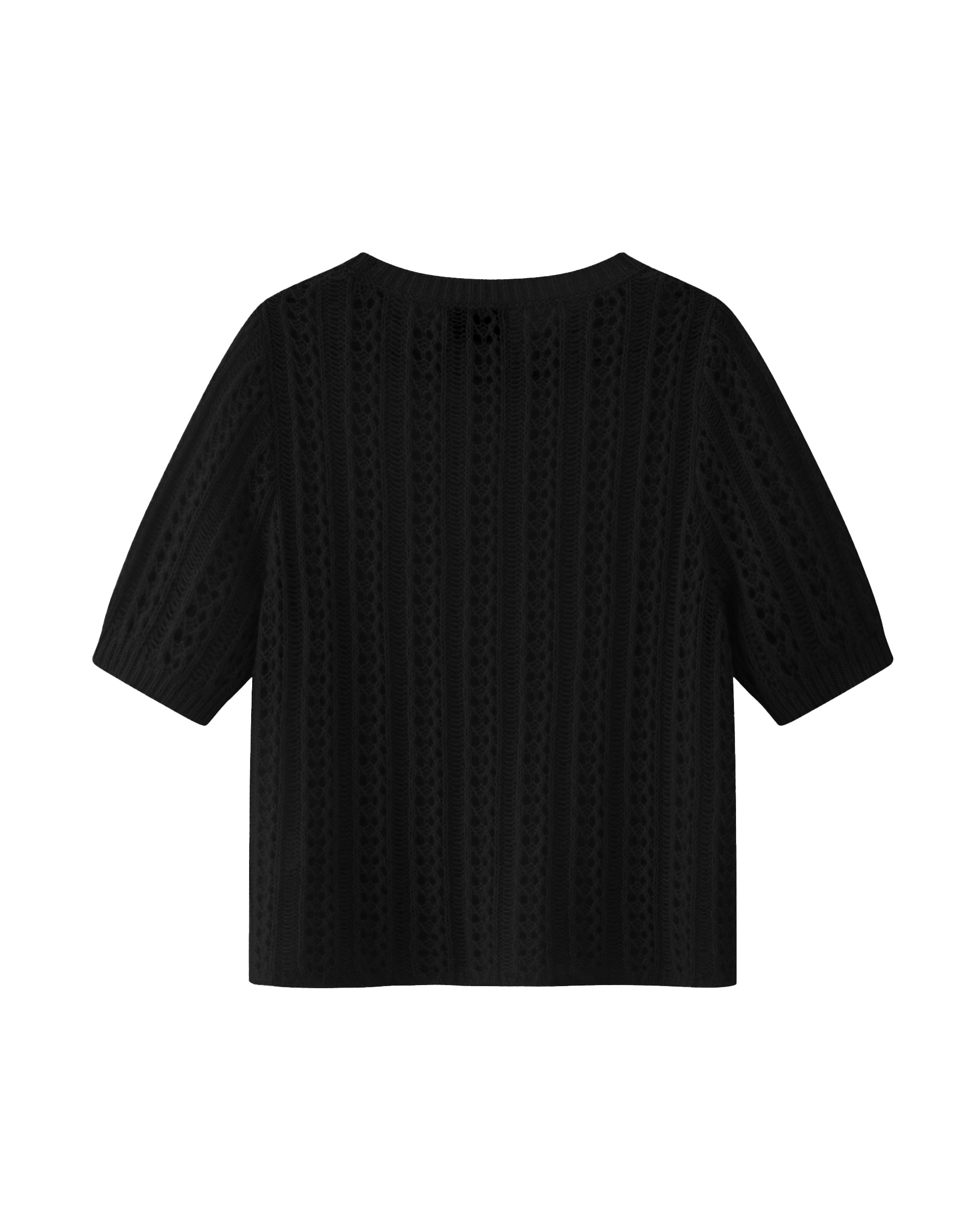 Damen Halbarm-Pullover in black (schwarz) aus Kaschmir-Seide – mittelschwerer, leichter und luftiger Strick mit Ajour-Lochmuster, relaxte Passform, Rundhalsausschnitt mit Rippkragen, klassische Schulter, Halbarm sowie Rippbündchen an Ärmeln und Saum.