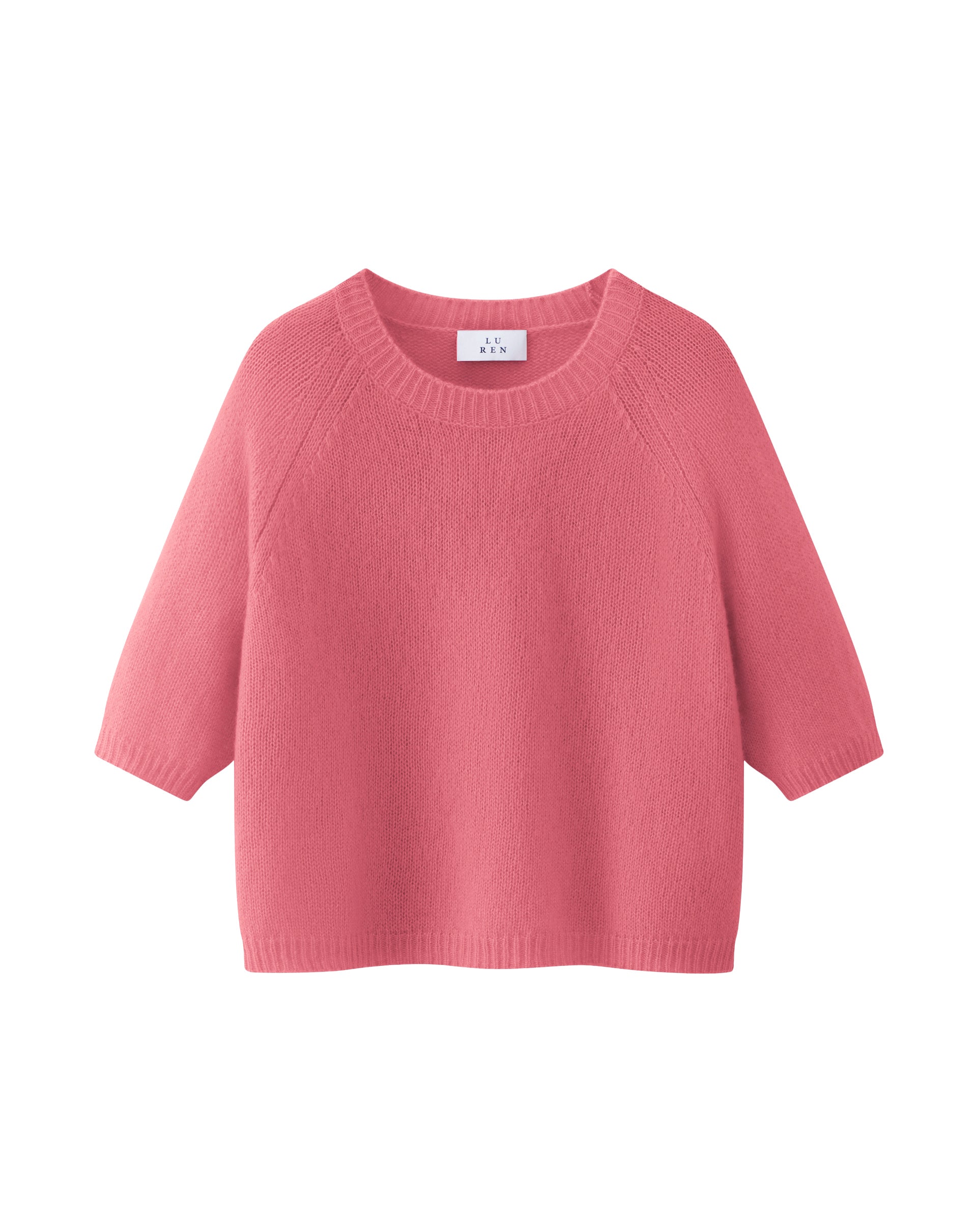 Damen Kurzarm-Pullover aus 75 % Kaschmir und 25 % Seide in cerise (pink) – mittelschwerer, glatt gestrickter Pullover in kastiger, kurzer und breiter Form mit Rundhalsausschnitt und Rippkragen, Raglan-Halbärmeln sowie Rippbündchen an Ärmeln und Saum