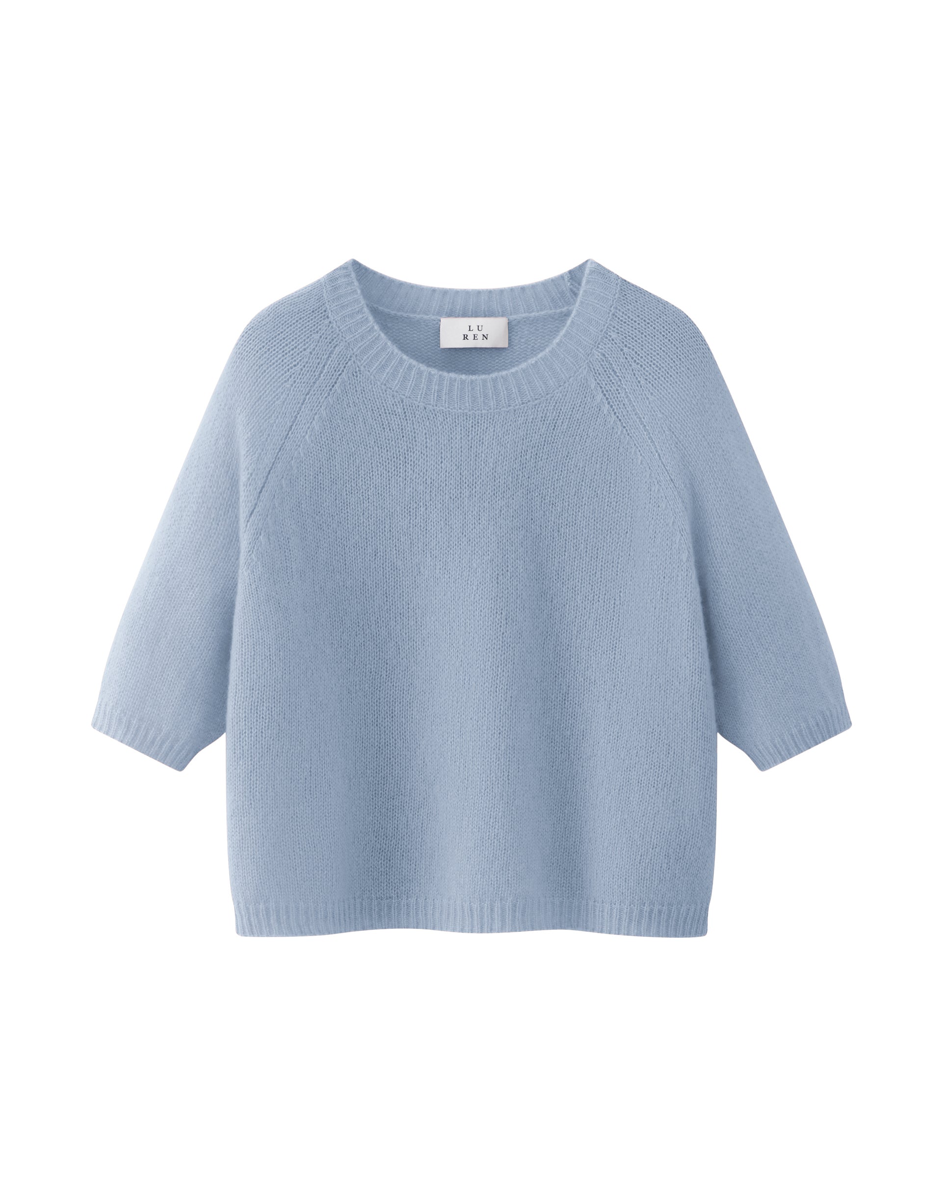 Damen Kurzarm-Pullover aus 75 % Kaschmir und 25 % Seide in sky blue (blau) – mittelschwerer, glatt gestrickter Pullover in kastiger, kurzer und breiter Form mit Rundhalsausschnitt und Rippkragen, Raglan-Halbärmeln sowie Rippbündchen an Ärmeln und Saum