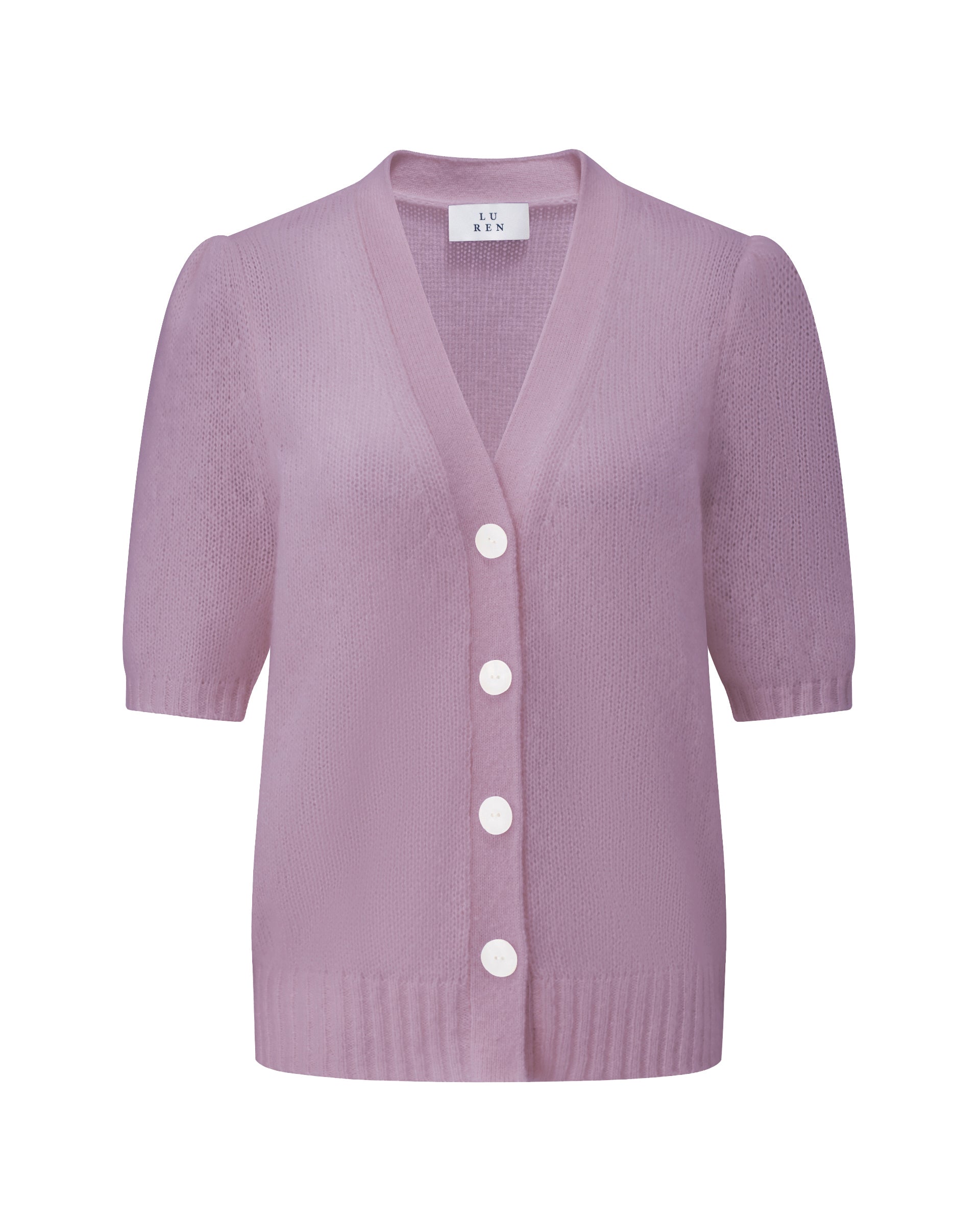 Damen Kurzarm-Jacket aus 75 % Kaschmir und 25 % Seide in opal (lila) – mittelschwerer, glatt gestrickter Style in körperbetonter Passform mit Knopfleiste aus Kunststoff, klassischer Schulter, leichten Puff-Halbärmeln sowie Rippbündchen und hohem Ripp-Saum