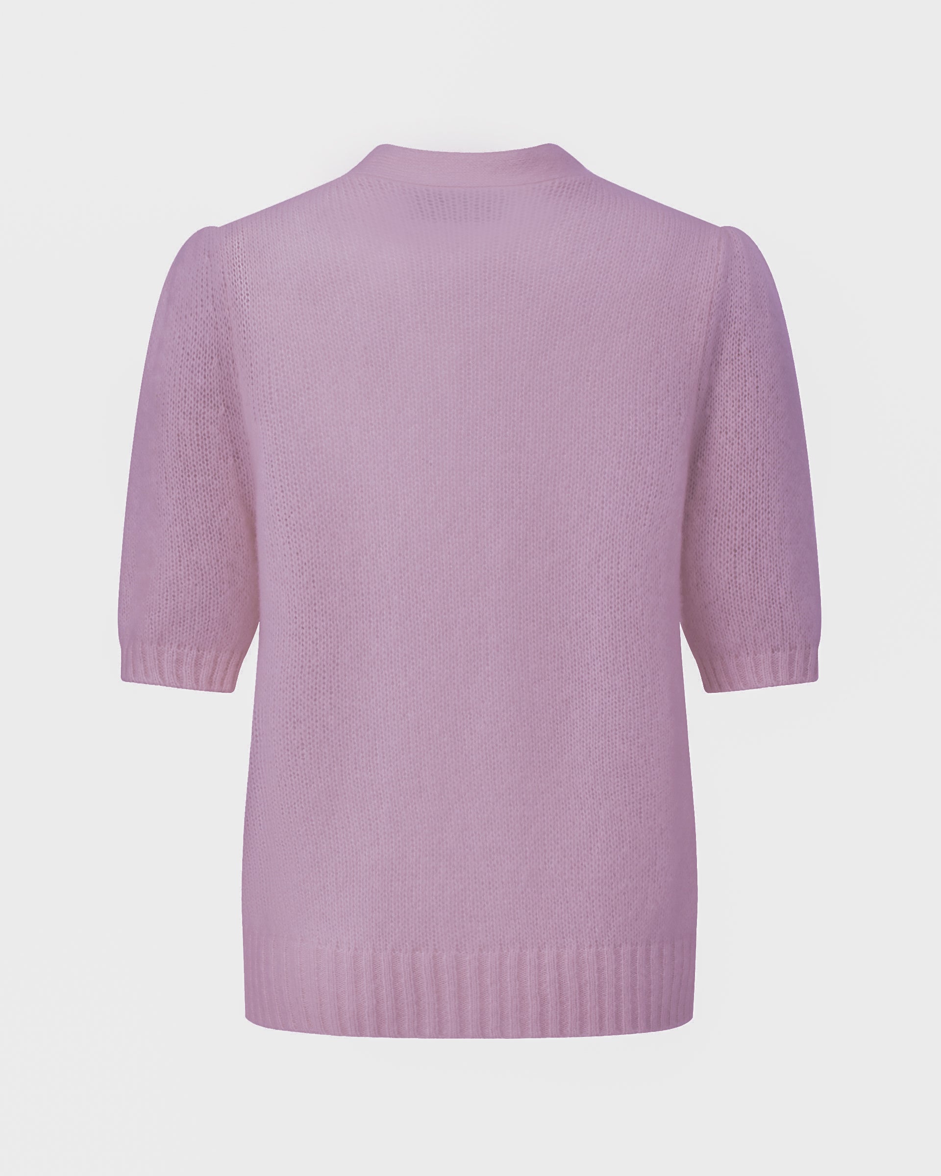 Damen Kurzarm-Jacket aus 75 % Kaschmir und 25 % Seide in opal (lila) – mittelschwerer, glatt gestrickter Style in körperbetonter Passform mit Knopfleiste aus Kunststoff, klassischer Schulter, leichten Puff-Halbärmeln sowie Rippbündchen und hohem Ripp-Saum