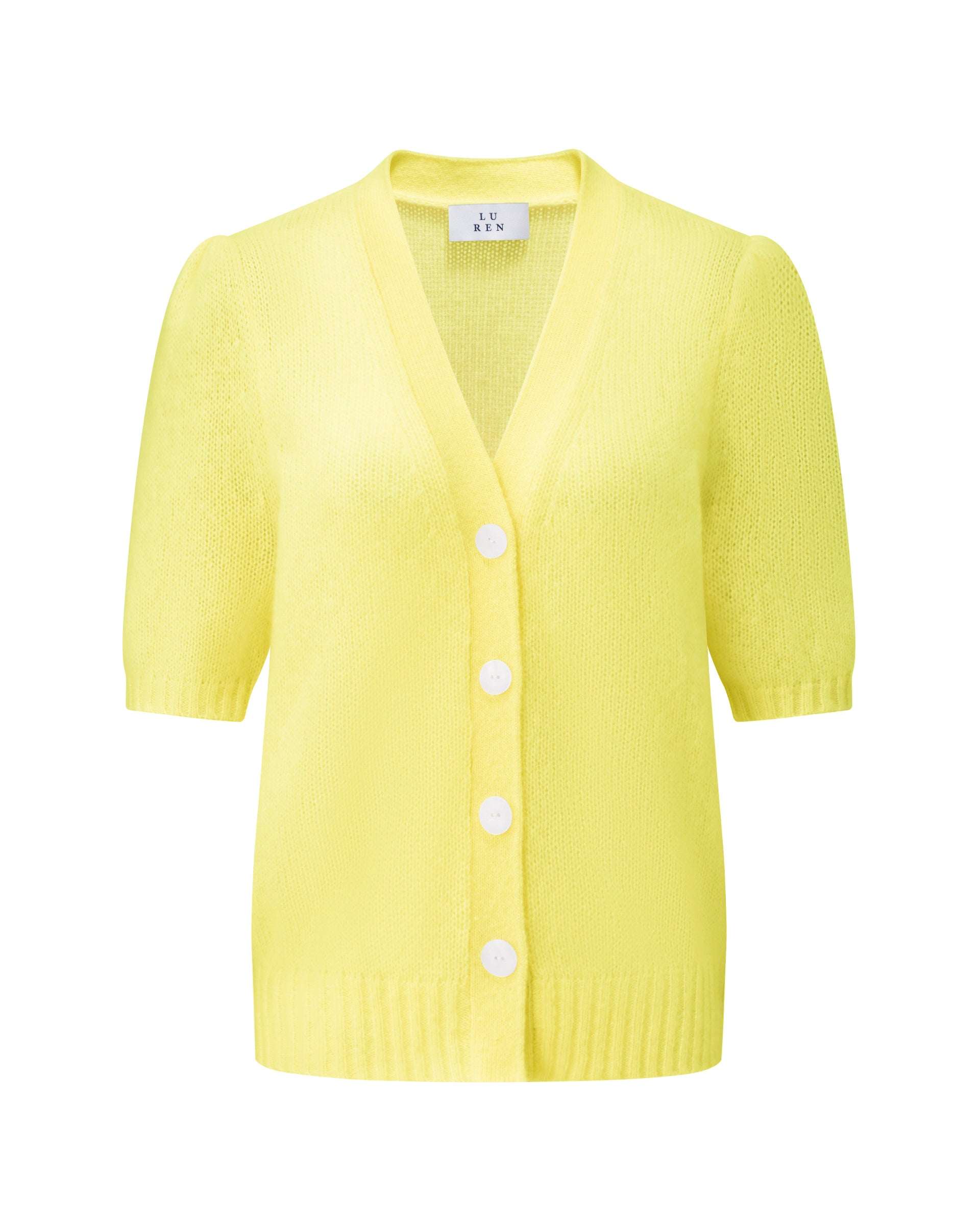 Damen Kurzarm-Jacket aus 75 % Kaschmir und 25 % Seide in yellow jasper (gelb) – mittelschwerer, glatt gestrickter Style in körperbetonter Passform mit Knopfleiste aus Kunststoff, klassischer Schulter, leichten Puff-Halbärmeln sowie Rippbündchen und hohem Ripp-Saum
