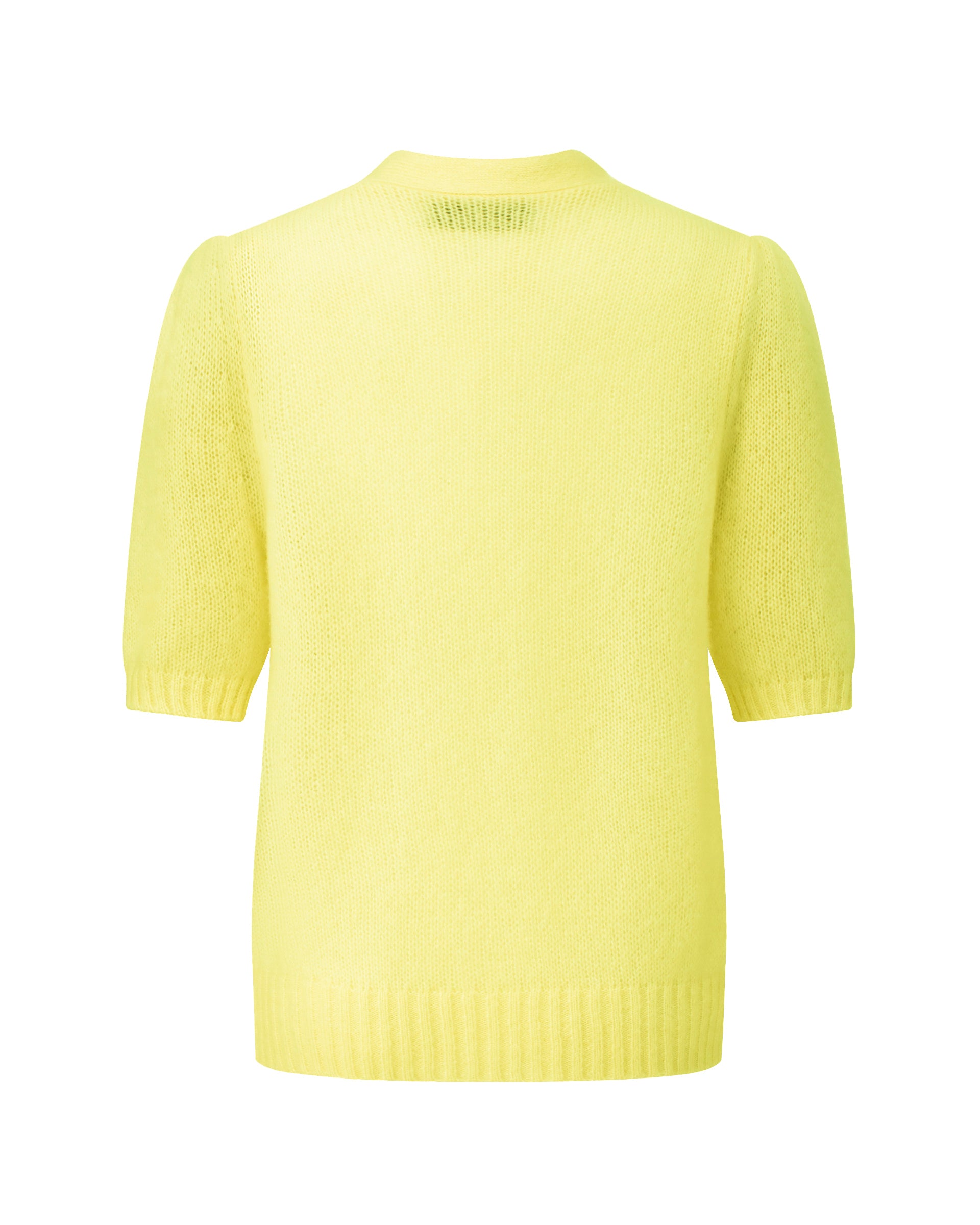 Damen Kurzarm-Jacket aus 75 % Kaschmir und 25 % Seide in yellow jasper (gelb) – mittelschwerer, glatt gestrickter Style in körperbetonter Passform mit Knopfleiste aus Kunststoff, klassischer Schulter, leichten Puff-Halbärmeln sowie Rippbündchen und hohem Ripp-Saum