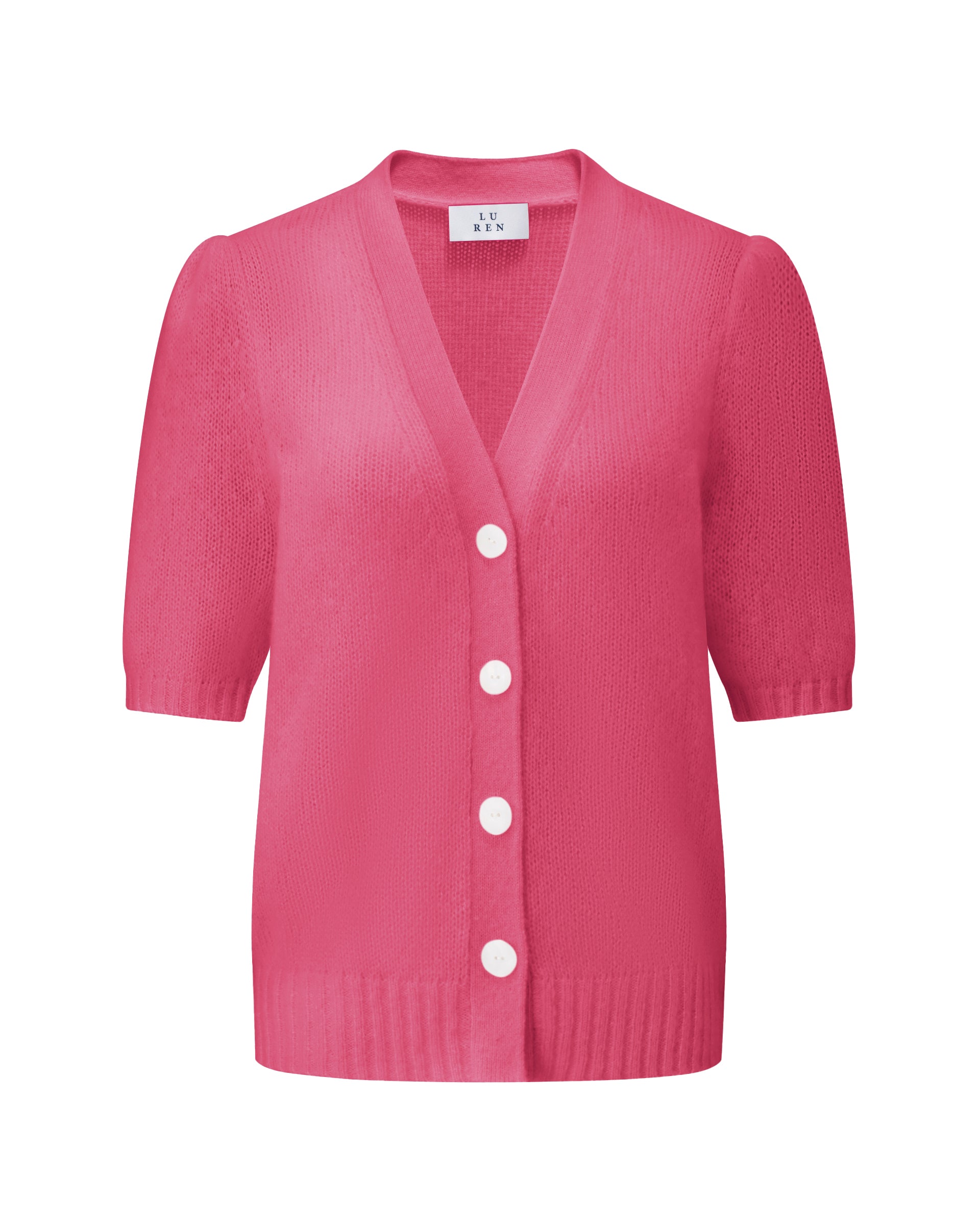 Damen Kurzarm-Jacket aus 75 % Kaschmir und 25 % Seide in cerise (pink) – mittelschwerer, glatt gestrickter Style in körperbetonter Passform mit Knopfleiste aus Kunststoff, klassischer Schulter, leichten Puff-Halbärmeln sowie Rippbündchen und hohem Ripp-Saum