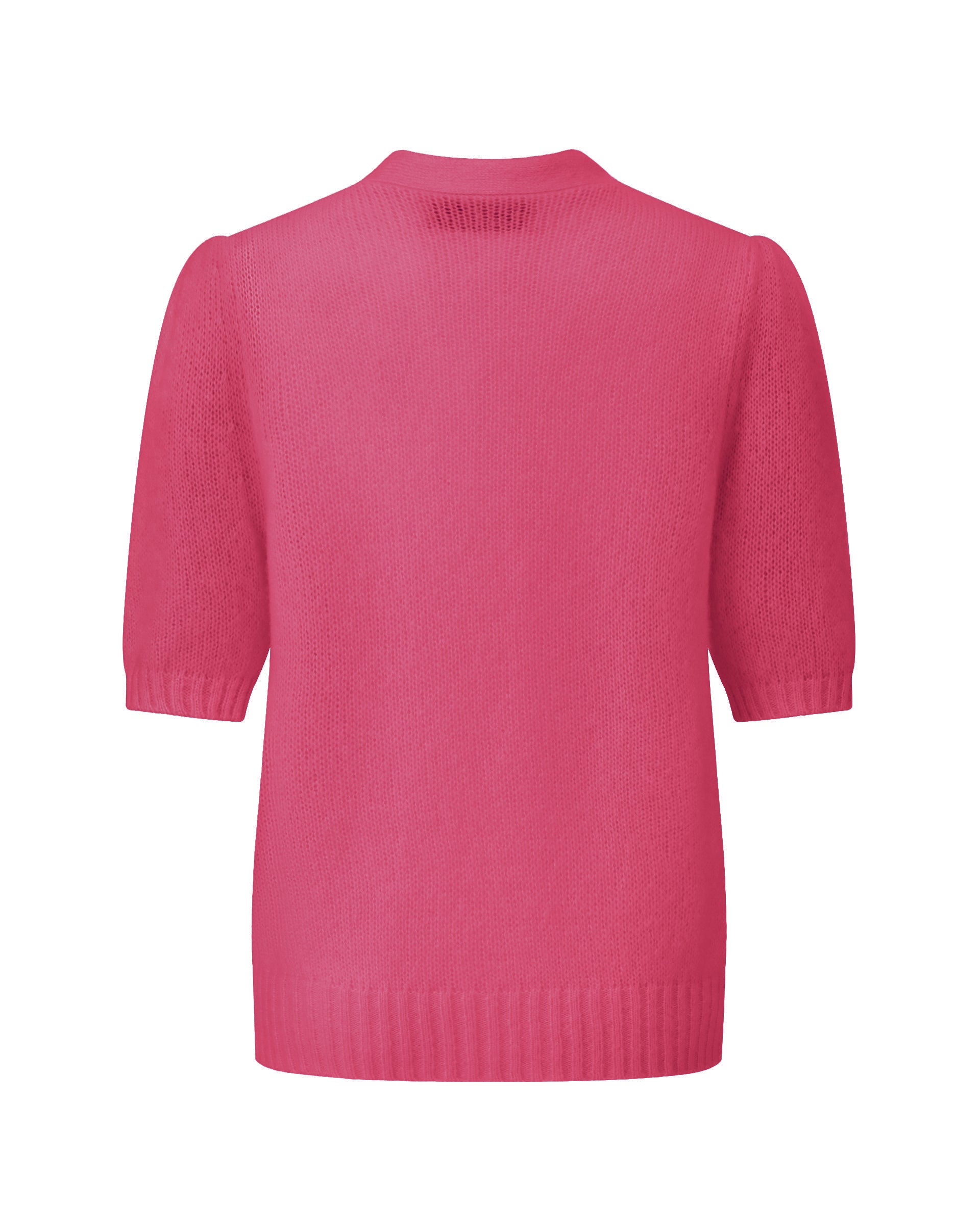 Damen Kurzarm-Jacket aus 75 % Kaschmir und 25 % Seide in cerise (pink) – mittelschwerer, glatt gestrickter Style in körperbetonter Passform mit Knopfleiste aus Kunststoff, klassischer Schulter, leichten Puff-Halbärmeln sowie Rippbündchen und hohem Ripp-Saum