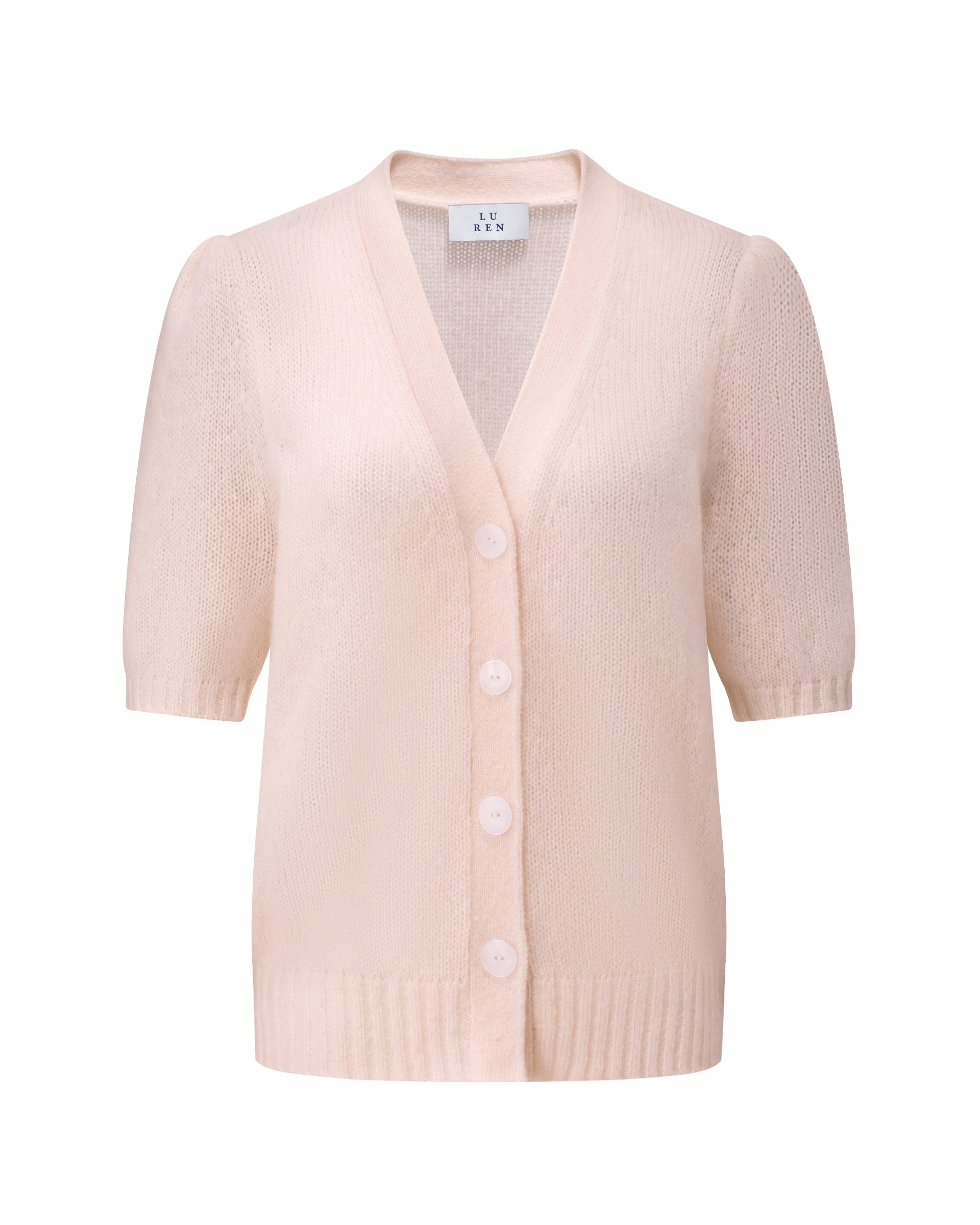 Damen Kurzarm-Jacket aus 75 % Kaschmir und 25 % Seide in cherry blossom (hellorange) – mittelschwerer, glatt gestrickter Style in körperbetonter Passform mit Knopfleiste aus Kunststoff, klassischer Schulter, leichten Puff-Halbärmeln sowie Rippbündchen und hohem Ripp-Saum