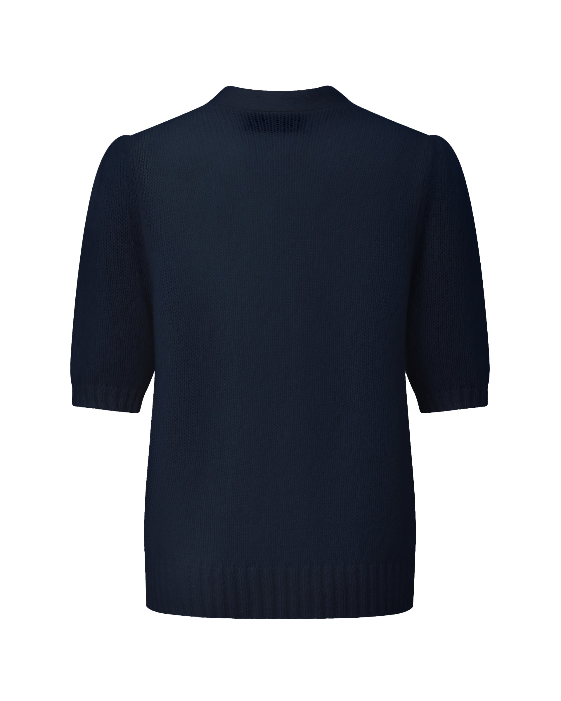 Damen Kurzarm-Jacket aus 75 % Kaschmir und 25 % Seide in french navy (dunkelblau) – mittelschwerer, glatt gestrickter Style in körperbetonter Passform mit Knopfleiste aus Kunststoff, klassischer Schulter, leichten Puff-Halbärmeln sowie Rippbündchen und hohem Ripp-Saum