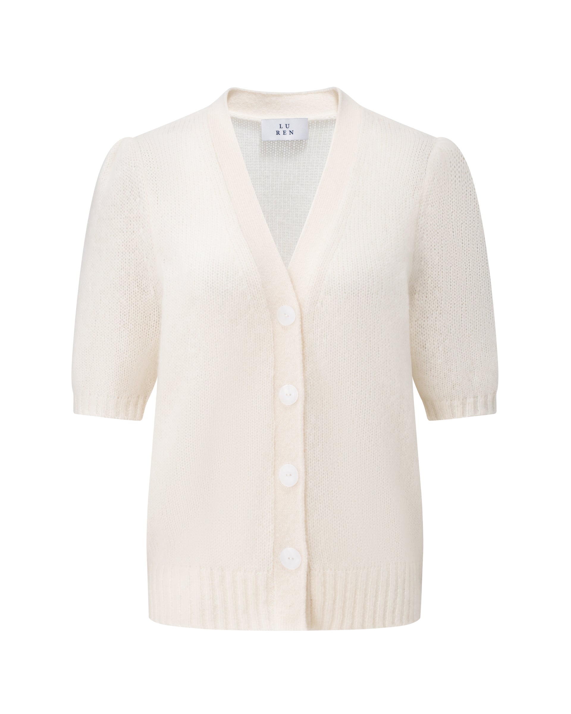 Damen Kurzarm-Jacket aus 75 % Kaschmir und 25 % Seide in ivory (cremeweiß) – mittelschwerer, glatt gestrickter Style in körperbetonter Passform mit Knopfleiste aus Kunststoff, klassischer Schulter, leichten Puff-Halbärmeln sowie Rippbündchen und hohem Ripp-Saum