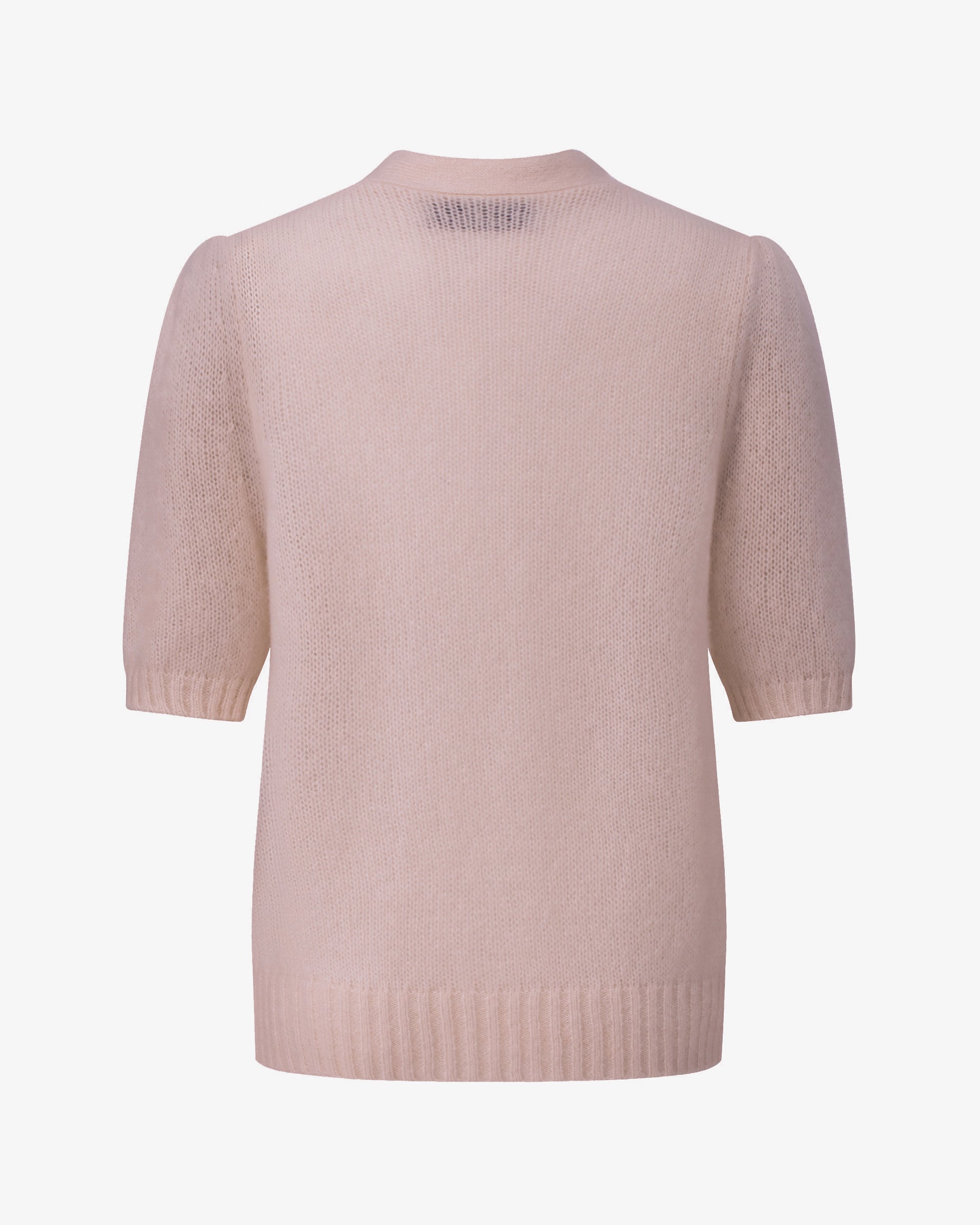 Damen Kurzarm-Jacket aus 75 % Kaschmir und 25 % Seide in pinkish grey (rosa) – mittelschwerer, glatt gestrickter Style in körperbetonter Passform mit Knopfleiste aus Kunststoff, klassischer Schulter, leichten Puff-Halbärmeln sowie Rippbündchen und hohem Ripp-Saum