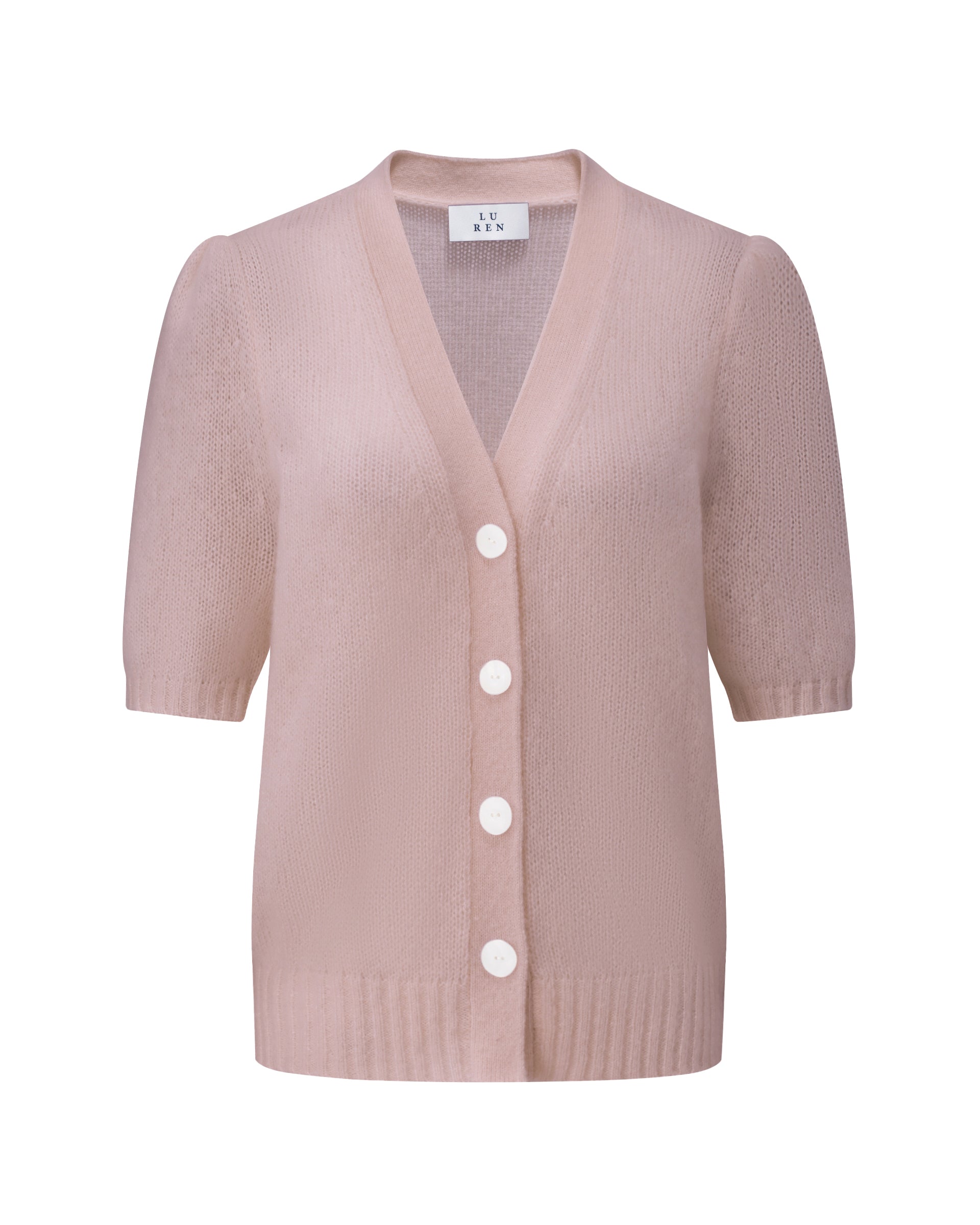 Damen Kurzarm-Jacket aus 75 % Kaschmir und 25 % Seide in pinkish grey (rosa) – mittelschwerer, glatt gestrickter Style in körperbetonter Passform mit Knopfleiste aus Kunststoff, klassischer Schulter, leichten Puff-Halbärmeln sowie Rippbündchen und hohem Ripp-Saum